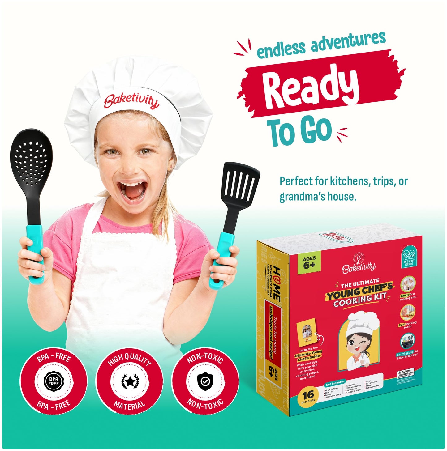Baketivity Kids Cooking Set Real Utensils With Kitchen Tool Guide - Complete Junior Cooking Set Gift For Girls Or Boys With Mixing Bowls, Cutting Board, Knife, Apron - Kids Baking Set For Real Cooking