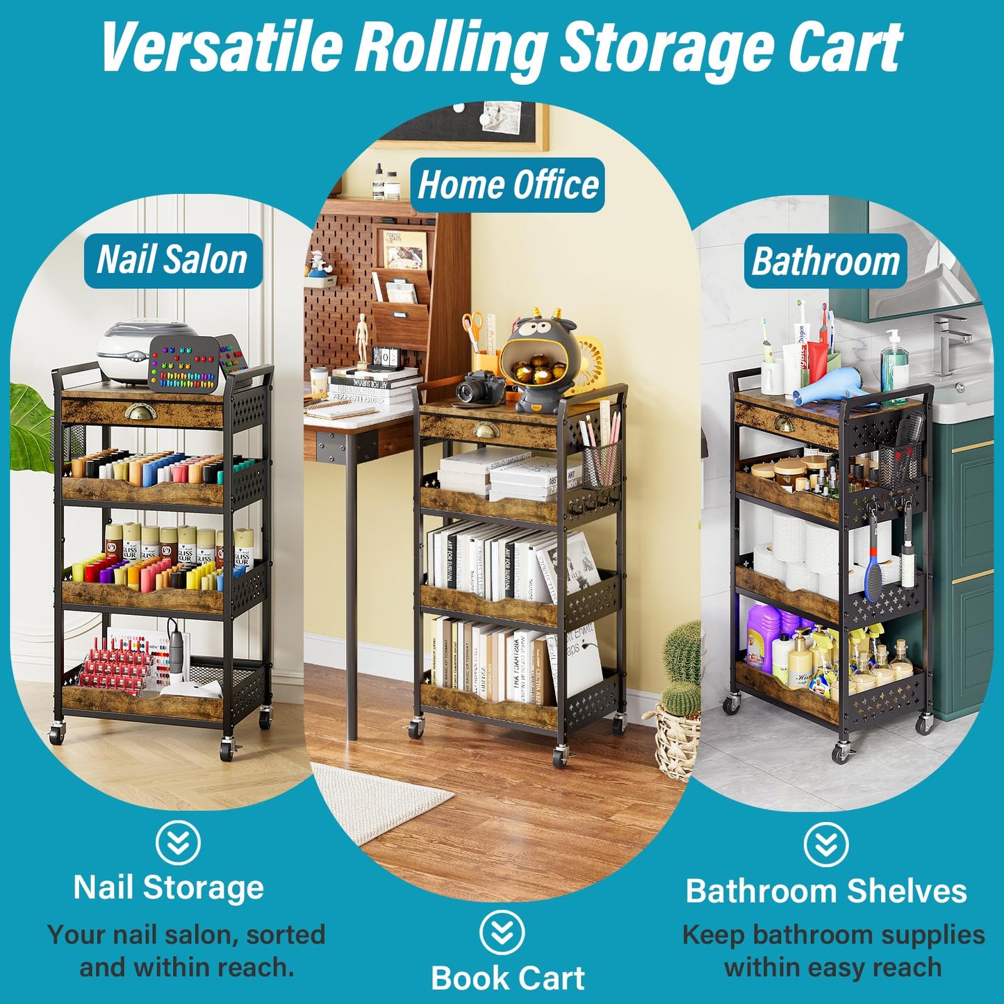 DYUTFZU 4-Tier Rolling Cart Organizer, Industrial Aesthetics Wood & Metal Utility Storage Cart with Pegboard, Drawer, Hanging Basket & Hooks for Kitchen, Craft Room, Bedroom, Bathroom, Coffee Station
