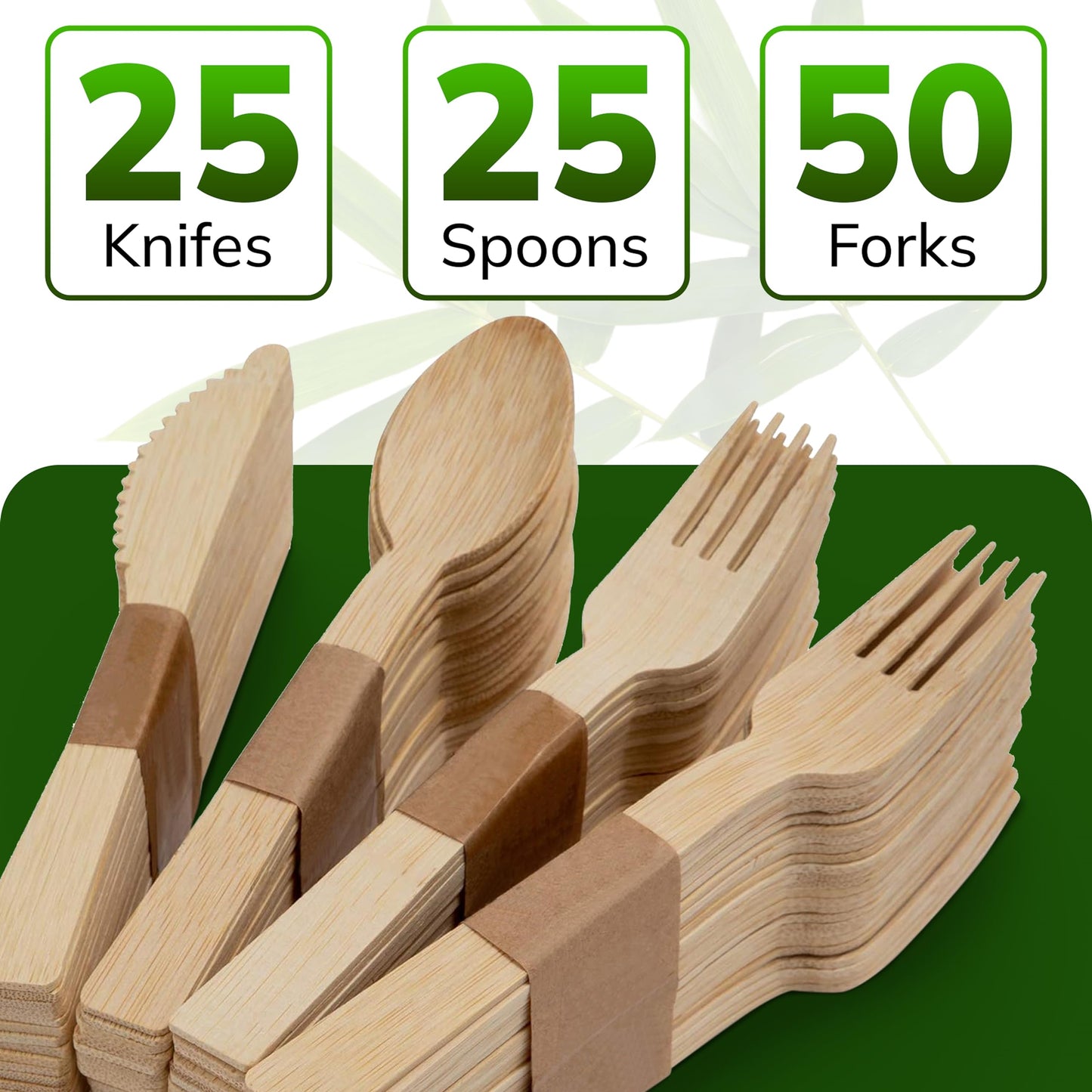 Albino Monkey Wooden Cutlery Set - 100 Pcs Disposable Bamboo Forks, Spoons, Knives - Compostable 100% Natural Bamboo Utensils for Parties, Picnics, Camping, Weddings - Eco-Conscious Dining Supplies
