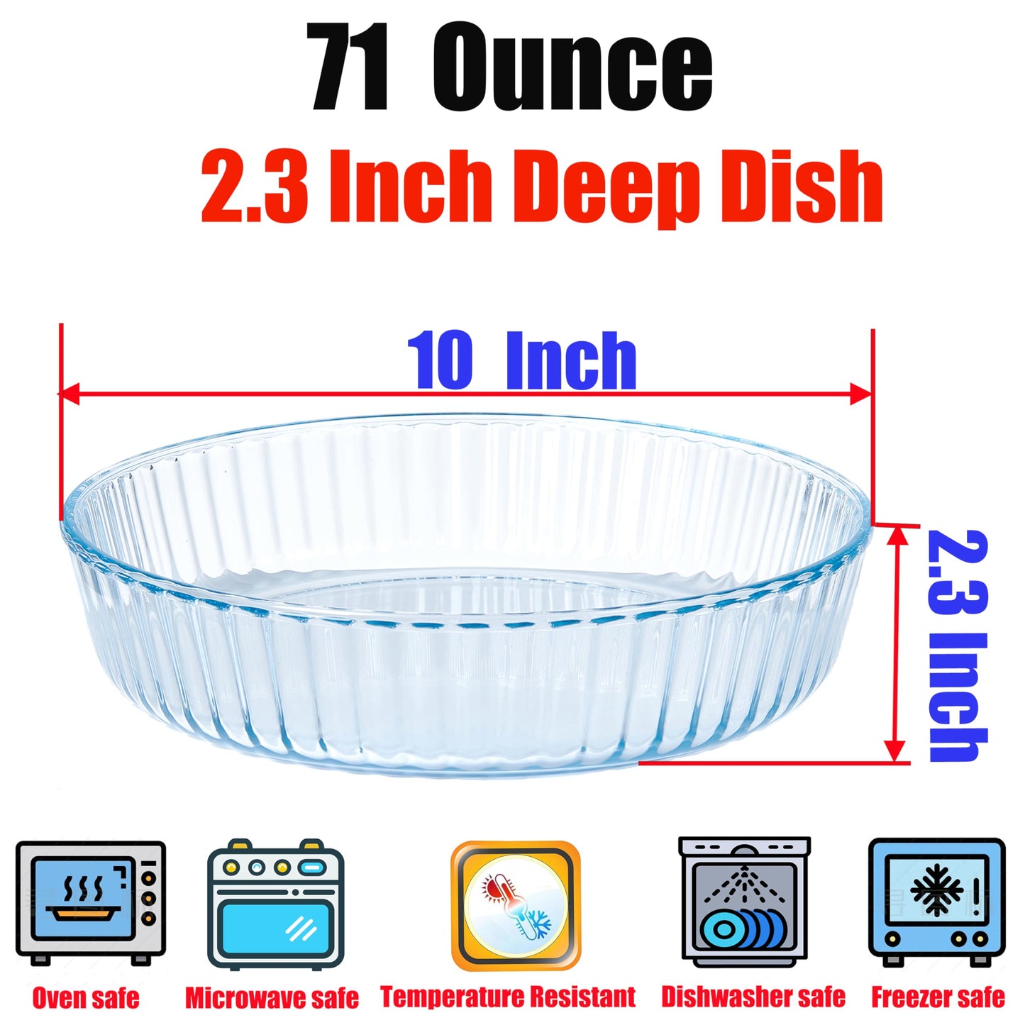 RONDURE Deep Pie Dish for Baking 10-inch Glass Pie Plate Pan Clear - 2.3 Inch Deep - for Oven Baking Crust Quiche and Serving
