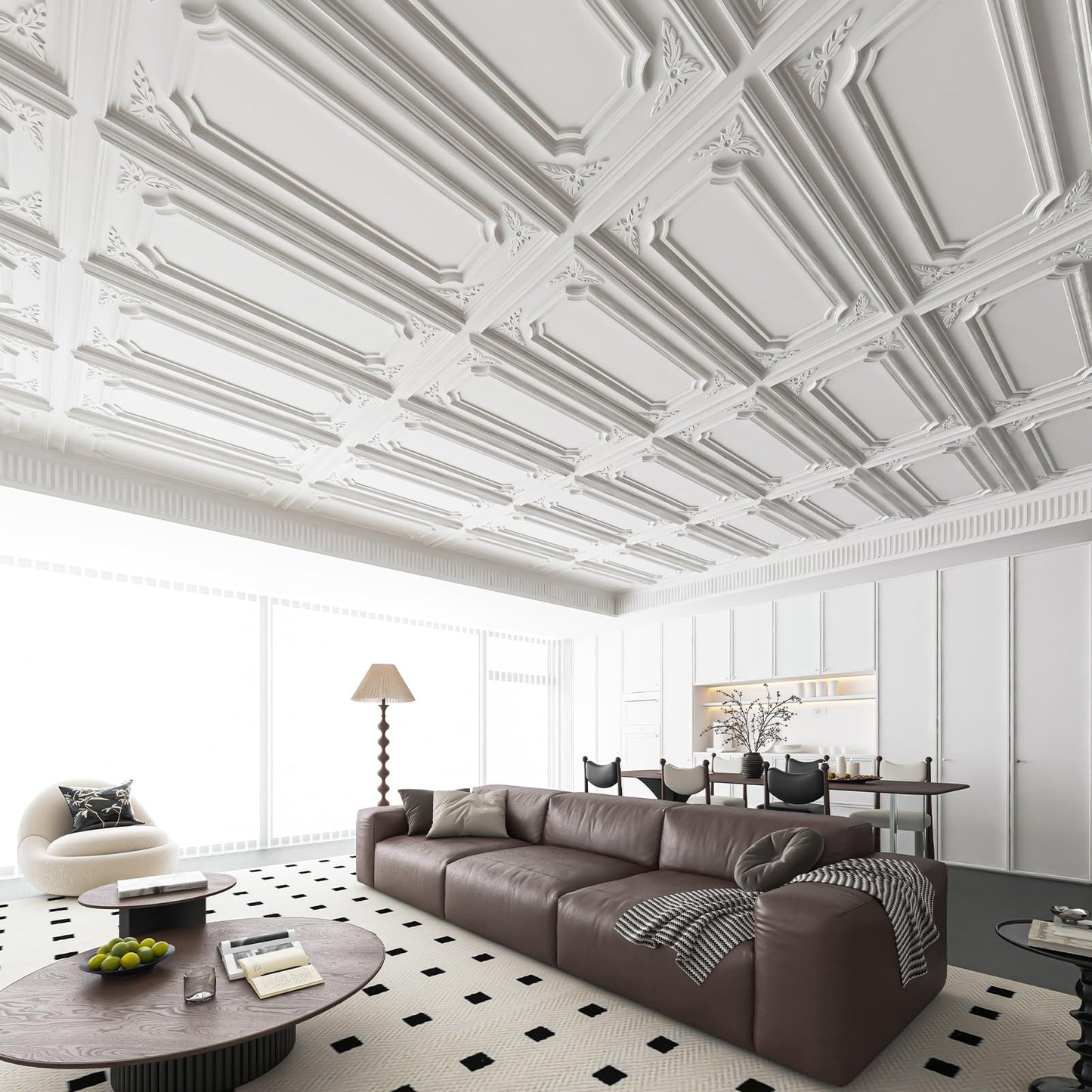 Art3dwallpanels 12 Pack Drop Ceiling Tiles, 2x4 Ft PVC Decorative 3D Wall Panel, Glue Up Ceiling Covering Panels for Basement Kitchen Bathroom, 24x48 Inch, Cover 96 Sq. Ft, White