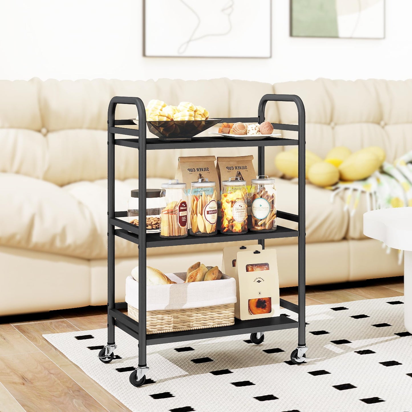 DCLRN 3 Tier Rolling Cart,Storage Organizer Cart,Multifunctional Storage Shelves,Rolling Metal Organization Cart with Handle and Lockable Wheels,for Home,Office,Kitchen,Bathroom(Black)