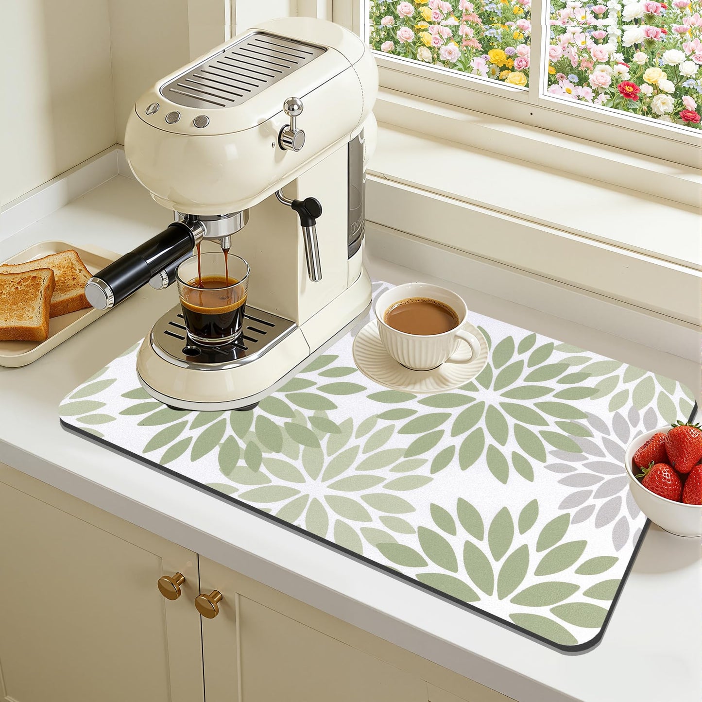 Findosom Floral Dish Drying Mat, 12" x 20" Super Absorbent & Hide Stain Coffee Mat, Cuttable Drying Mat for Kitchen Counter, Under Dish Rack, Coffee Maker, Espresso Machine, Sage Green