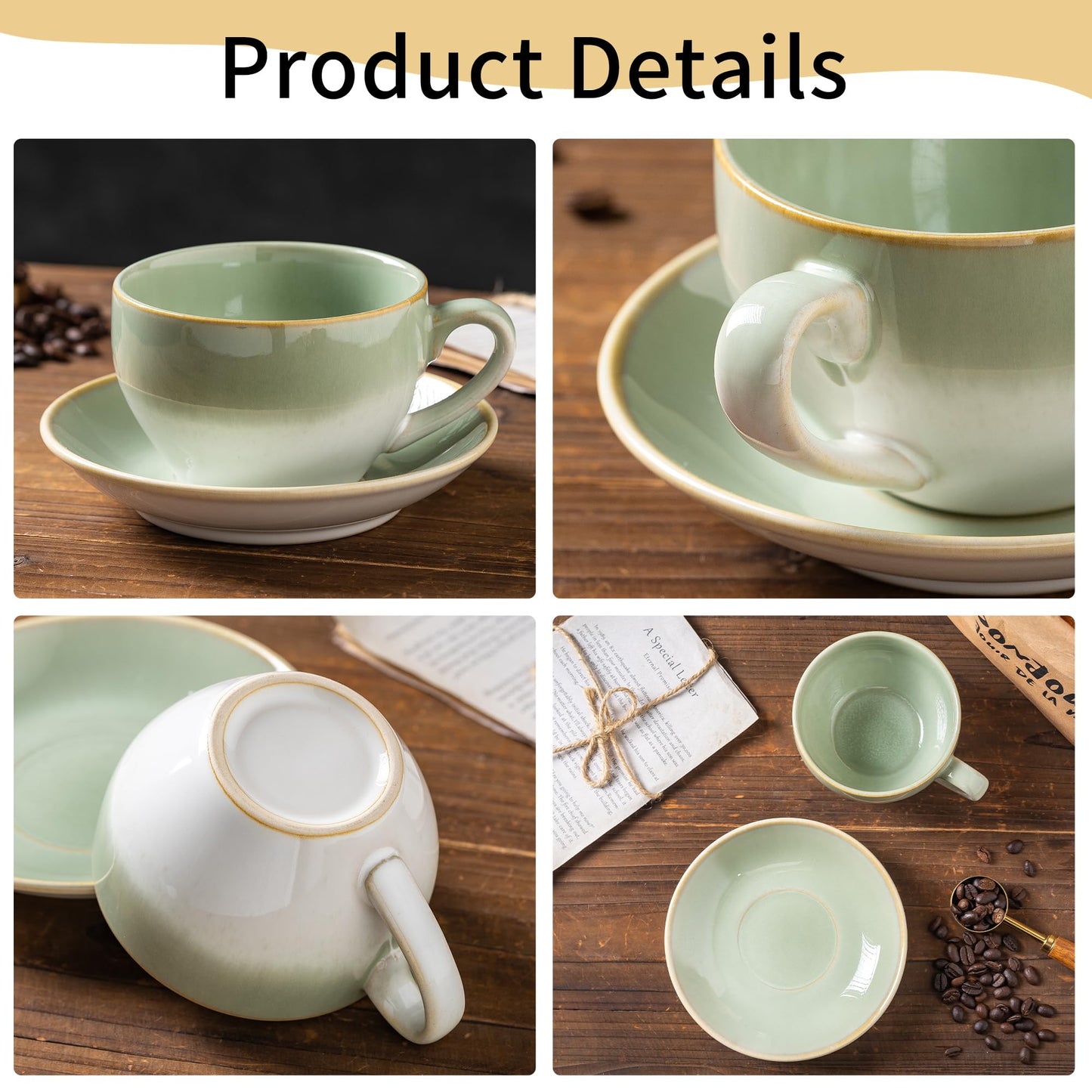 Tvvtuww Porcelain Coffee Cup with Saucer Spoon, Vintage Design Ceramic Latte Art Cappuccino Barista Espresso Tea Cup with Saucer (11.6 oz, 350ml, White Both Green)