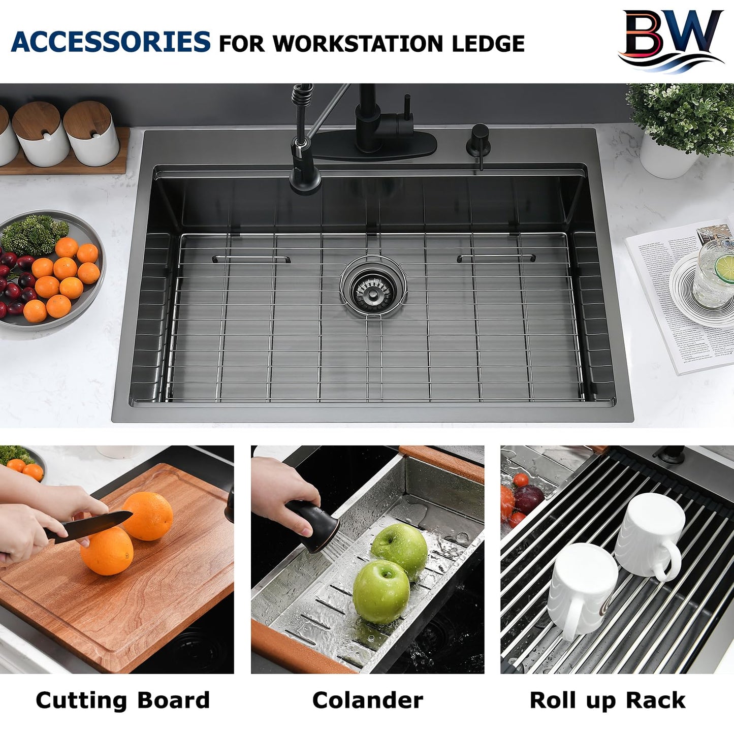 BWXIAOC 33 x 22 Drop In Kitchen Sink Black Workstation - 16 Gauge Stainless Steel Sinks Handmade 10 Inch Deep Single Bowl Kitchen Sink Top Mount Easy to Clean