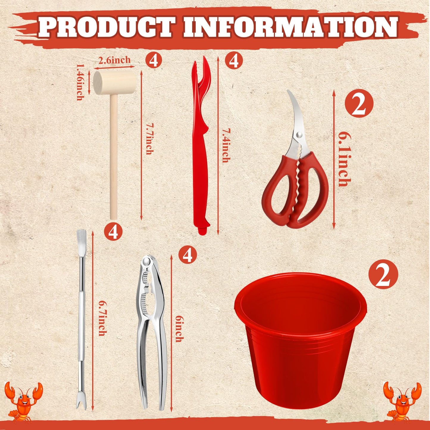 Lanties 20 Pcs Seafood Tools Set Seafood Boil Party Supplies Crab Crackers Scissors Lobster Sheller Hammer Shellfish Forks Cracker Red Plastic Bucket for Lobster Crab Food New Year Party