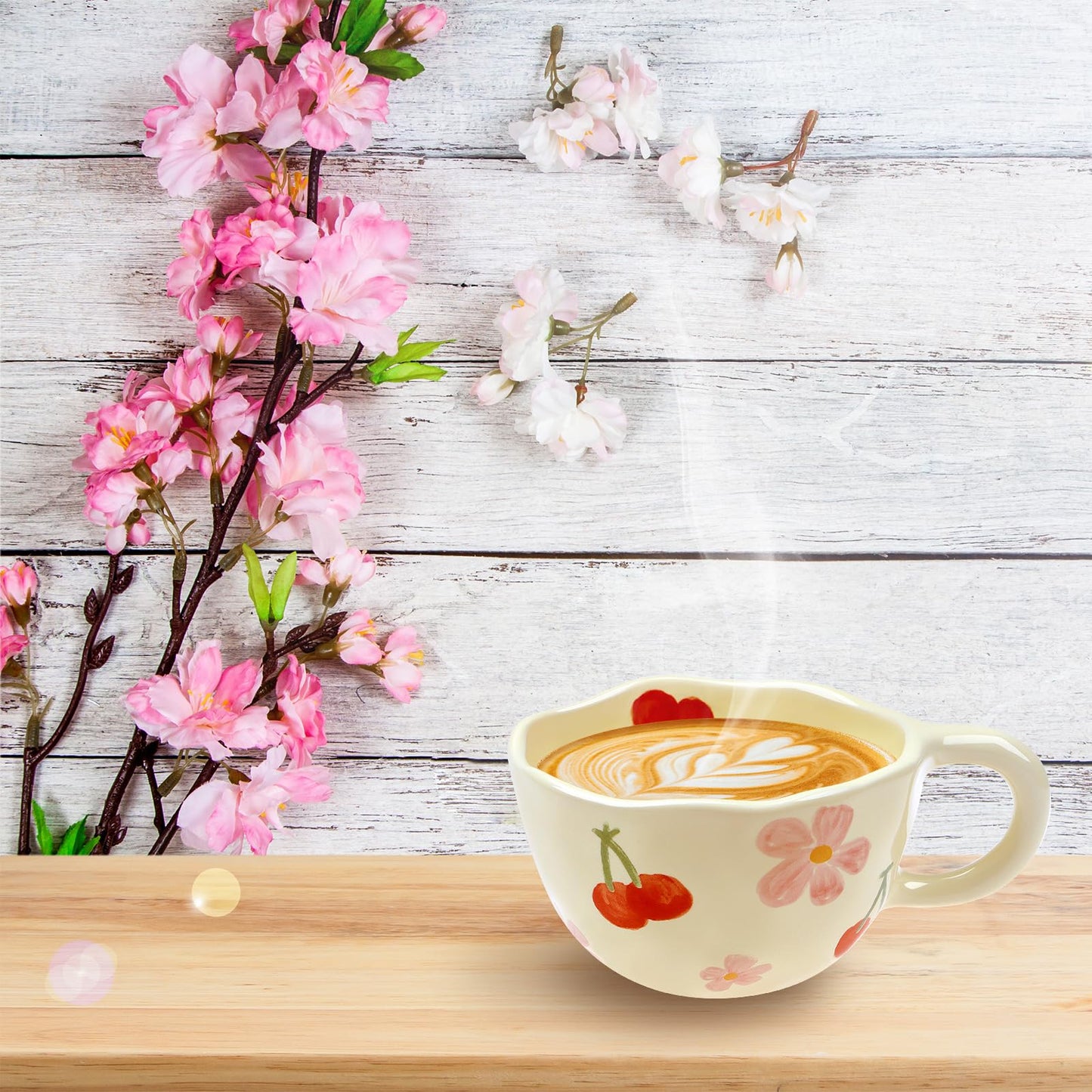 NAYAHOSE Ceramic Coffee Mug, Creative Cute Coffee Mugs Handheld Irregular Aesthetic Flower Ceramic Mug for Women Latte Tea Milk Oats Cup Breakfast Cups，8.5 oz/250 ml (Red Cherry)