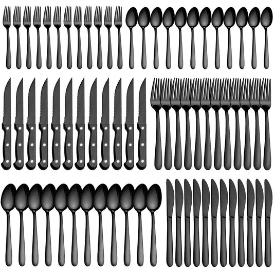 Pleafind 72Pcs Black Silverware Sets for 12 - Dishwasher Safe, Flatware Set with Steak Knives, Stainless Steel Cutlery Set, Include Forks Spoons and Knives Set, Utensil Sets for Home Restaurant