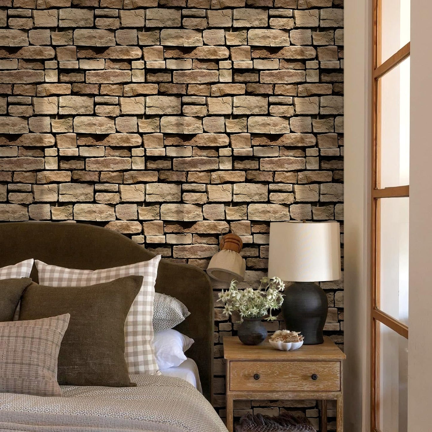 Commomy 3D Faux Stone Wall Panel Peel and Stick Wall Tiles - Fake Stone Wall Sticker 10 Pcs of 11.8" x 11.8" Thin Ultralight PVC Rock Wall Covering Kitchen Backsplash,Living Room,Interior Wall Decor