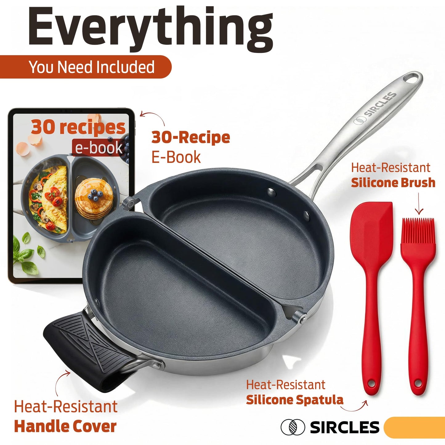SIRCLES Omelette Pan Double Sided Non Stick Omelette Maker, 3004 Aluminum, Induction Compatible, Dishwasher Safe, PFOA Free, Flip Lock Egg Pan with Spatula & Recipe eBook, Omelette Makers
