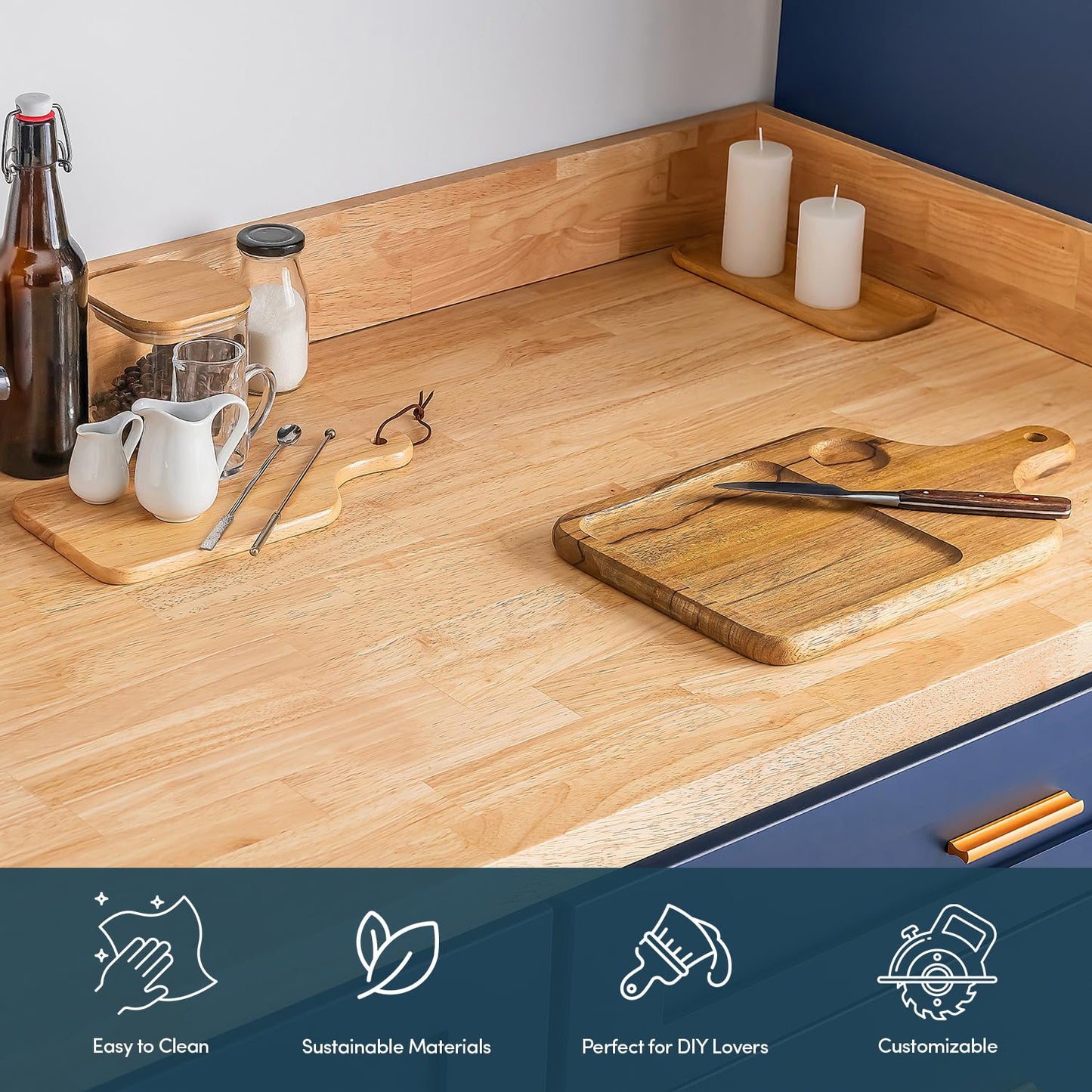 AllForWood 36''L x 25''W x 1.5''Th Hevea Solid Wood Butcher Block Countertop, Butcher Block Table Top for DIY Washer Dryer/Island/Kitchen Countertop (Unfinished)