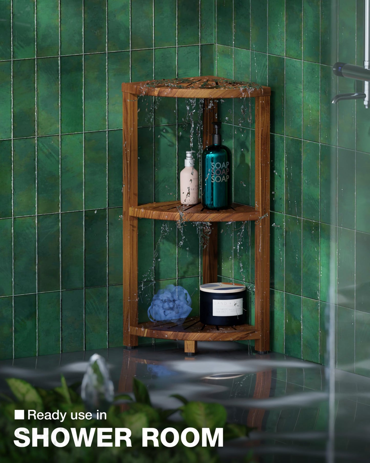 BLUEWEST 3-Tier Corner Shower Caddy Stand, Wood Shower Organizer Standing with Anti-Slip Feet, Waterproof & Durable Bathroom Corner Shelf, Space-Saving Design Storage for Kitchen or Living Room
