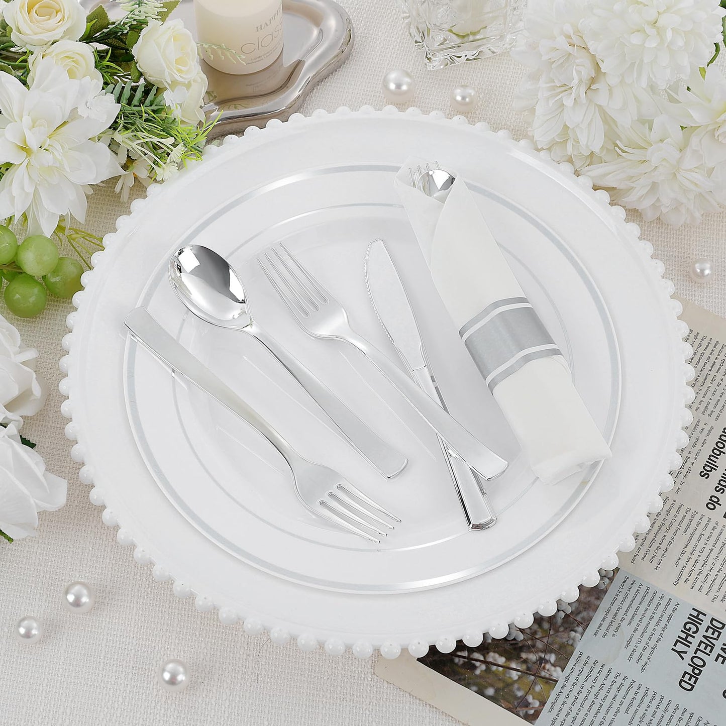 EI 60Pack Pre Rolled Silver Plastic Silverware Disposable Rolled Cutlery with Napkins,Sliver Plastic Wrapped Silverware Disposable Heavy Duty Perfect for Tea Party,Wedding,Spring,Valentine's Day