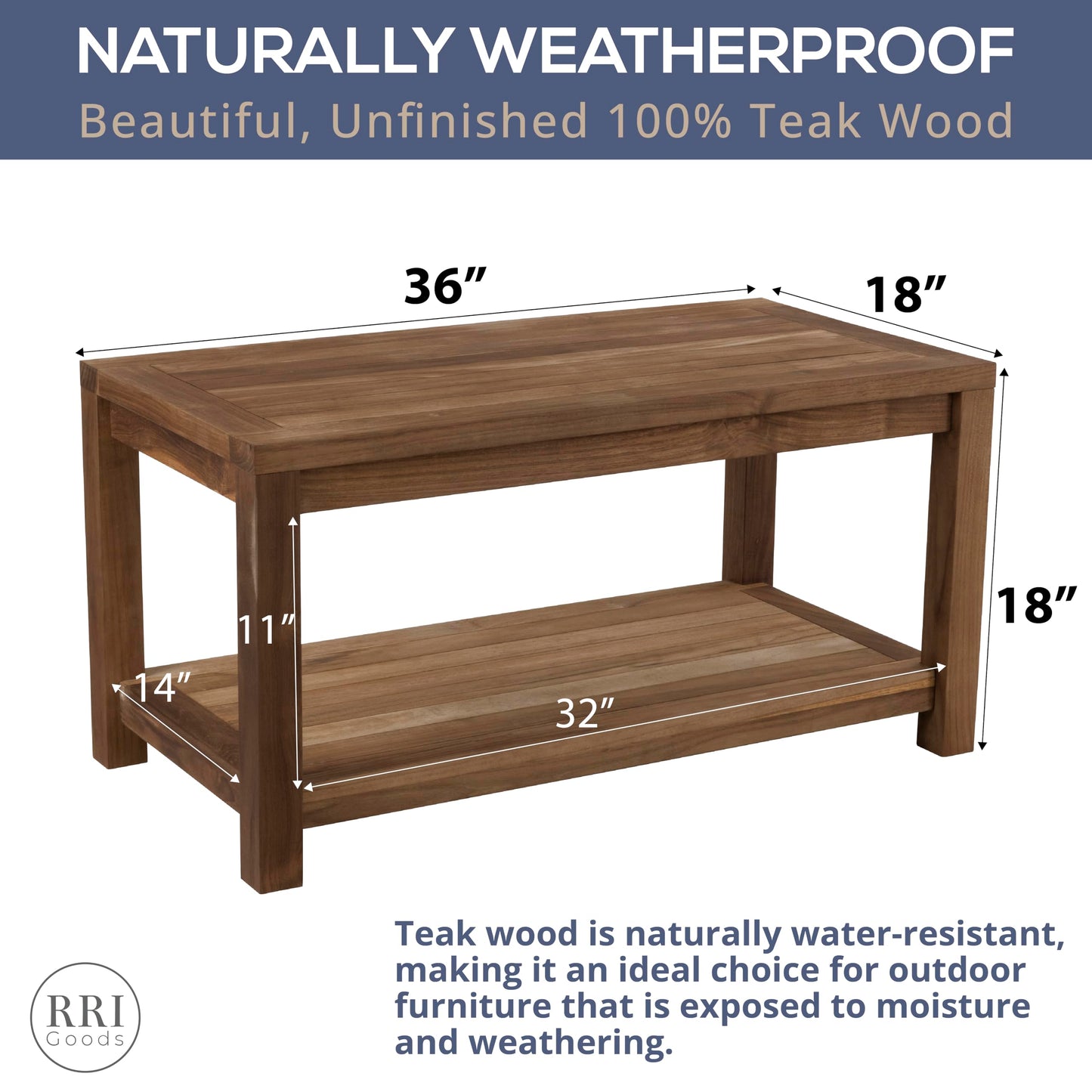 RRI Goods Teak Wood Coffee Table with Storage - Teak Oil Finished Indoor & Outdoor Furniture for Deck, Porch, Balcony, Living Room, Bedroom & Backyard (36" D x 18" W x 18" H)