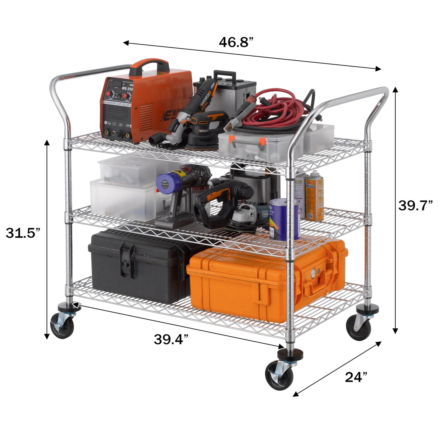 Finnhomy 3-Tier Commercial Grade Rolling Cart, Heavy Duty Utility Cart with Wheels and Handles, Metal Kitchen Carts on Wheels with 600 lbs Capacity, Shelf Size 24" D x 40" W, NSF