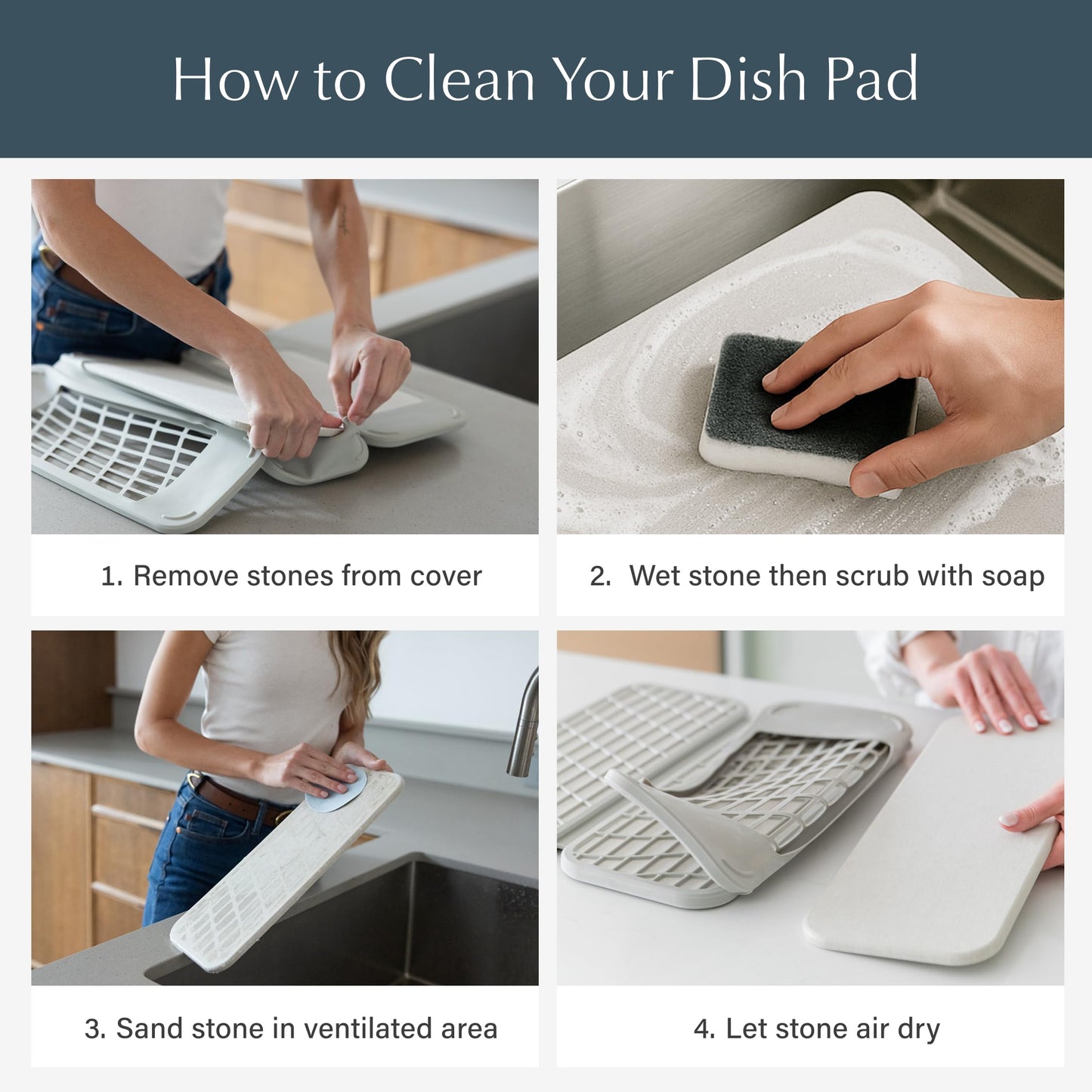 Dorai Home Dish Pad - Collapsable Stone Dish Drying Mat with Diatomaceous Earth for Quick Drying - Ultra Absorbent - Encased in Woven Silicone - Eco-Friendly, Foldable - Large 24.6" x 16.5", Slate