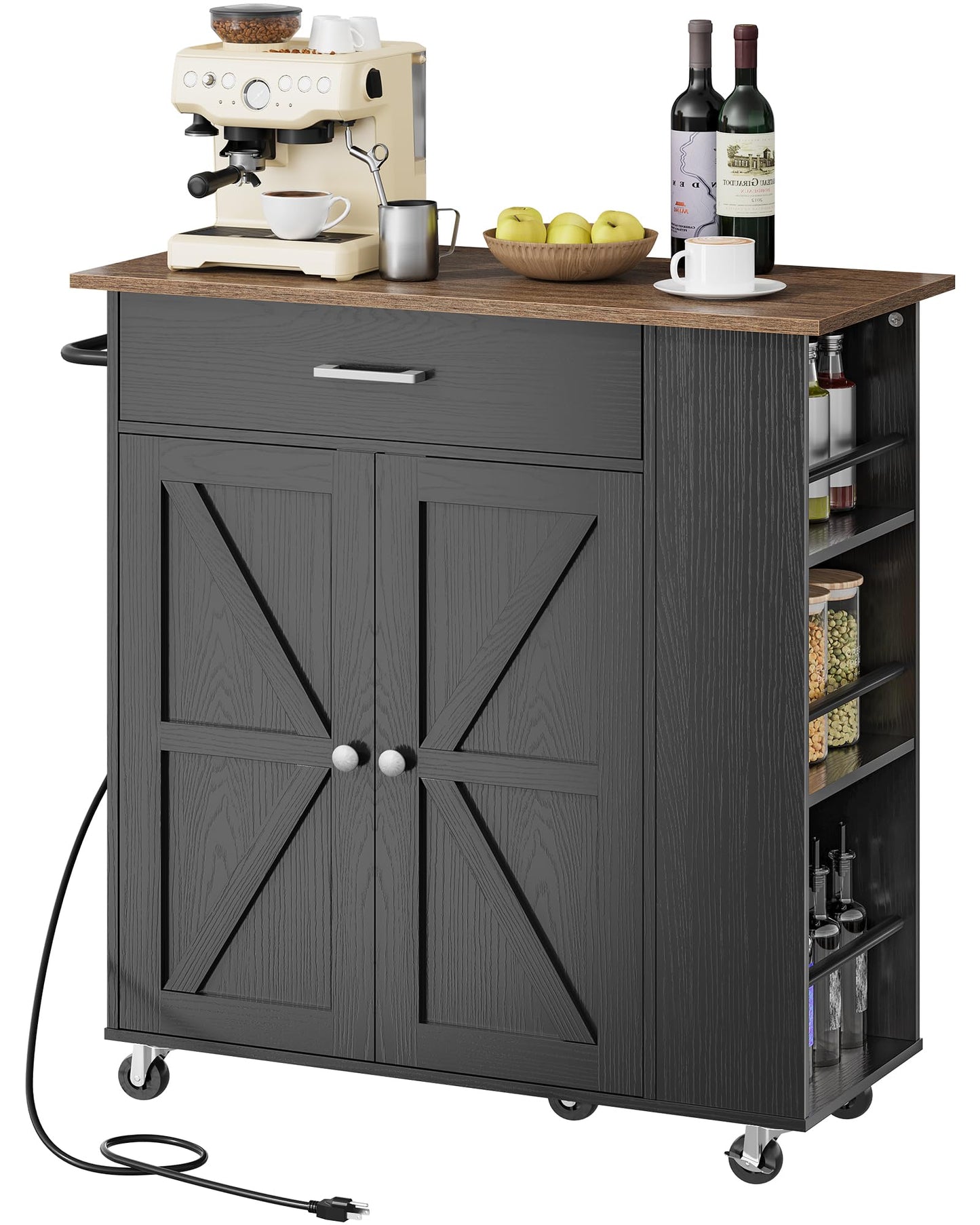 CHOEZON Kitchen Island Cart with Storage, Bar Cart with Charging Station, Kitchen Island on Wheels, Rolling Mobile Table with Cabinet, 3 AC Outlets, Black and Walnut MZD04UBL