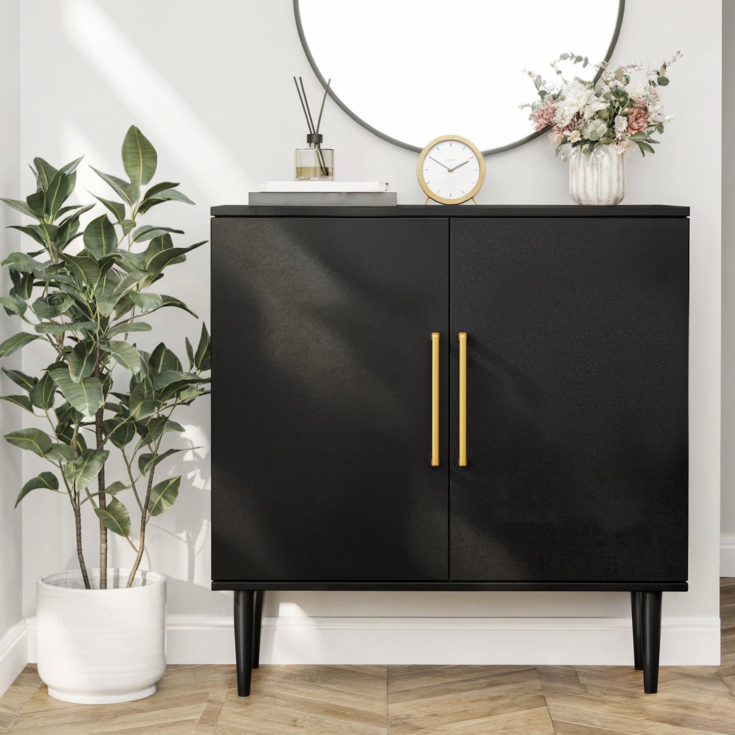 Vrullu Modern Storage Cabinet, Free Standing Buffet Cabinet, Black Sideboard and Buffet Storage, Wood Accent Furniture for Living Room, Hallway, Entryway, Dining Room (1, Black)