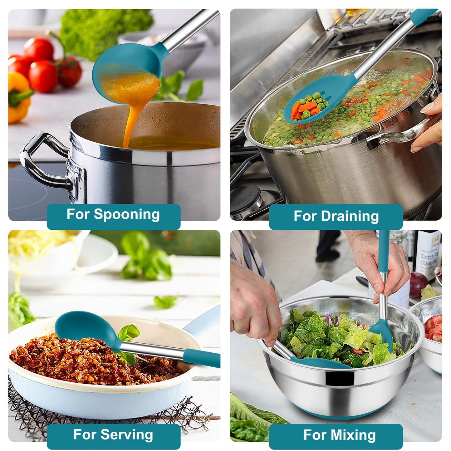 TeamFar Cooking Utensils Set, 4PCS Heatproof Silicone Utensil Kitchen Tools with Stainless Steel Handle, for Non-stick Cookware Flipping Frying Draining, Nontoxic & Non scratch, Easy Clean - Navy Blue