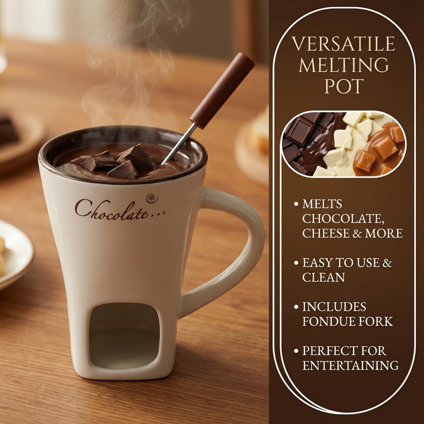 DECHOUS 2 Pack Fondue Mugs, Ceramic Chocolate Melting Cups with 2 Forks, Personal Fondue Mugs Set for Chocolate, Cheese, Butter, Ideal for Date Night, Birthday, Parties, Wedding Gift