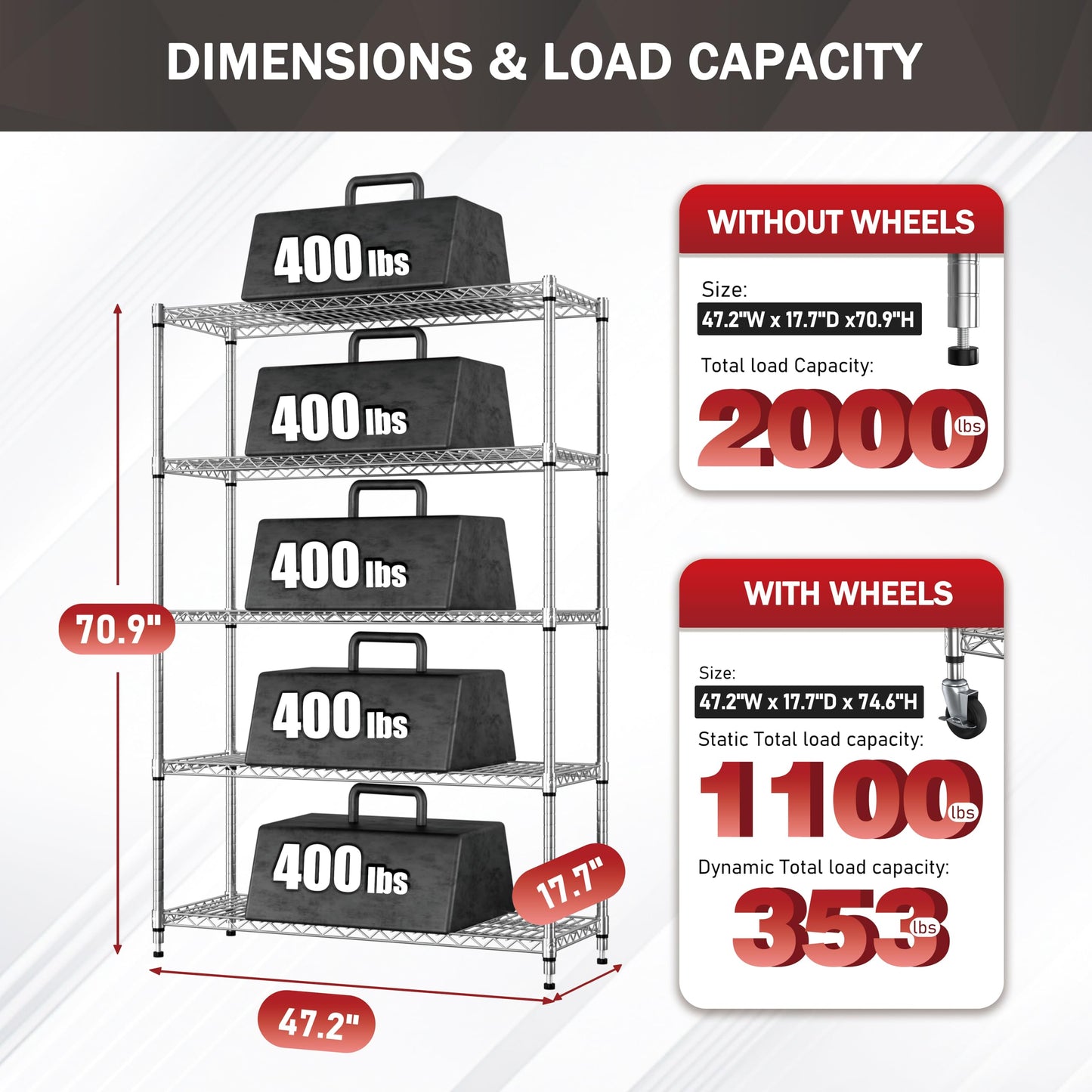 MUPATER 48" W x 18" D x 72" H 5-Tier Rolling Wire Shelving Rack, Heavy Duty Storage Cart with 2000LBS Load Capacity, Adjustable Shelves & 3" Silent Lockable Casters for Kitchen, Silver