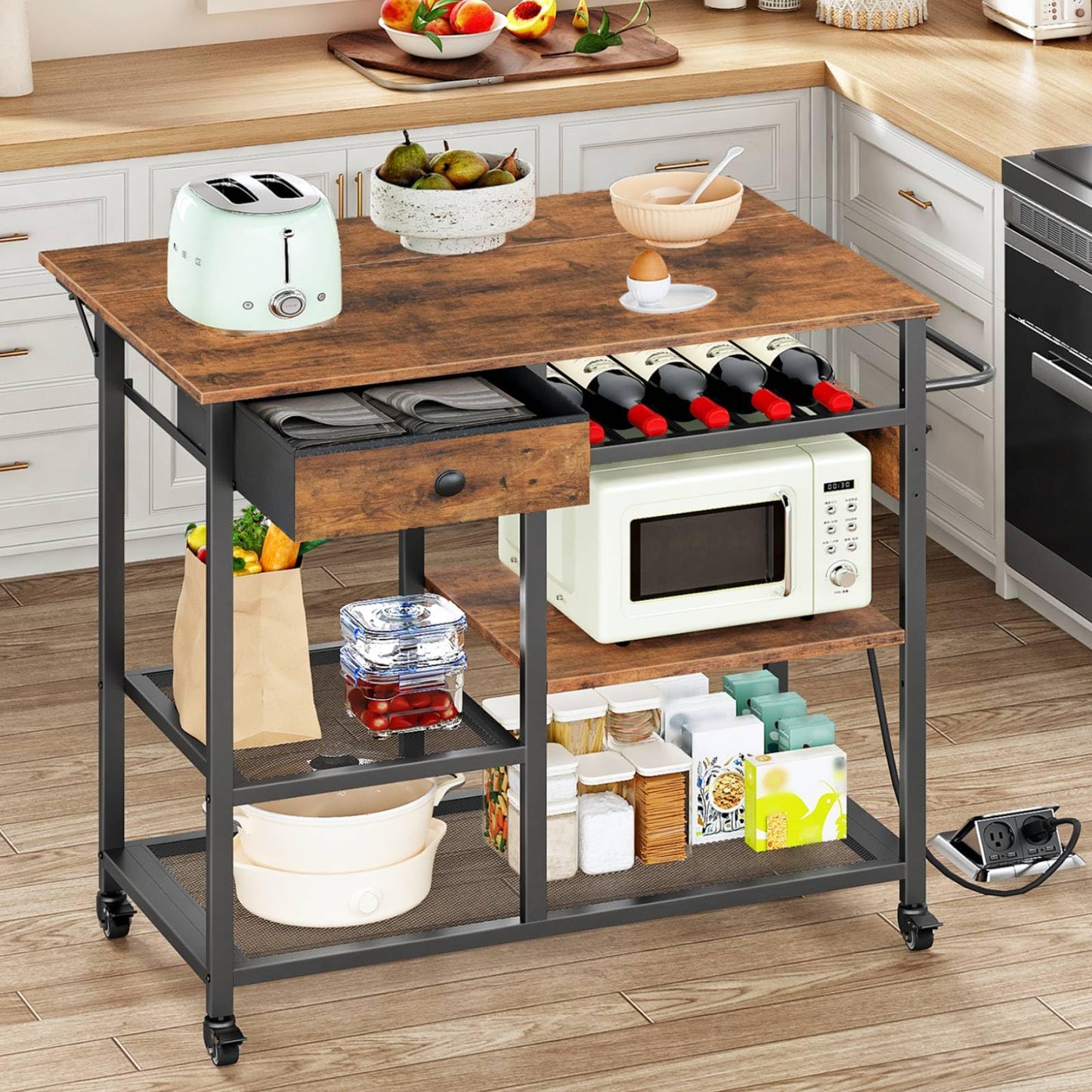 HOOBRO Kitchen Island with Power Outlet, Rolling Kitchen Cart with Drop Leaf, Island Table with Extendable Worktop and Adjustable Shelf, Kitchen Island Cart for Dining Room, Rustic Brown BF22UZD01