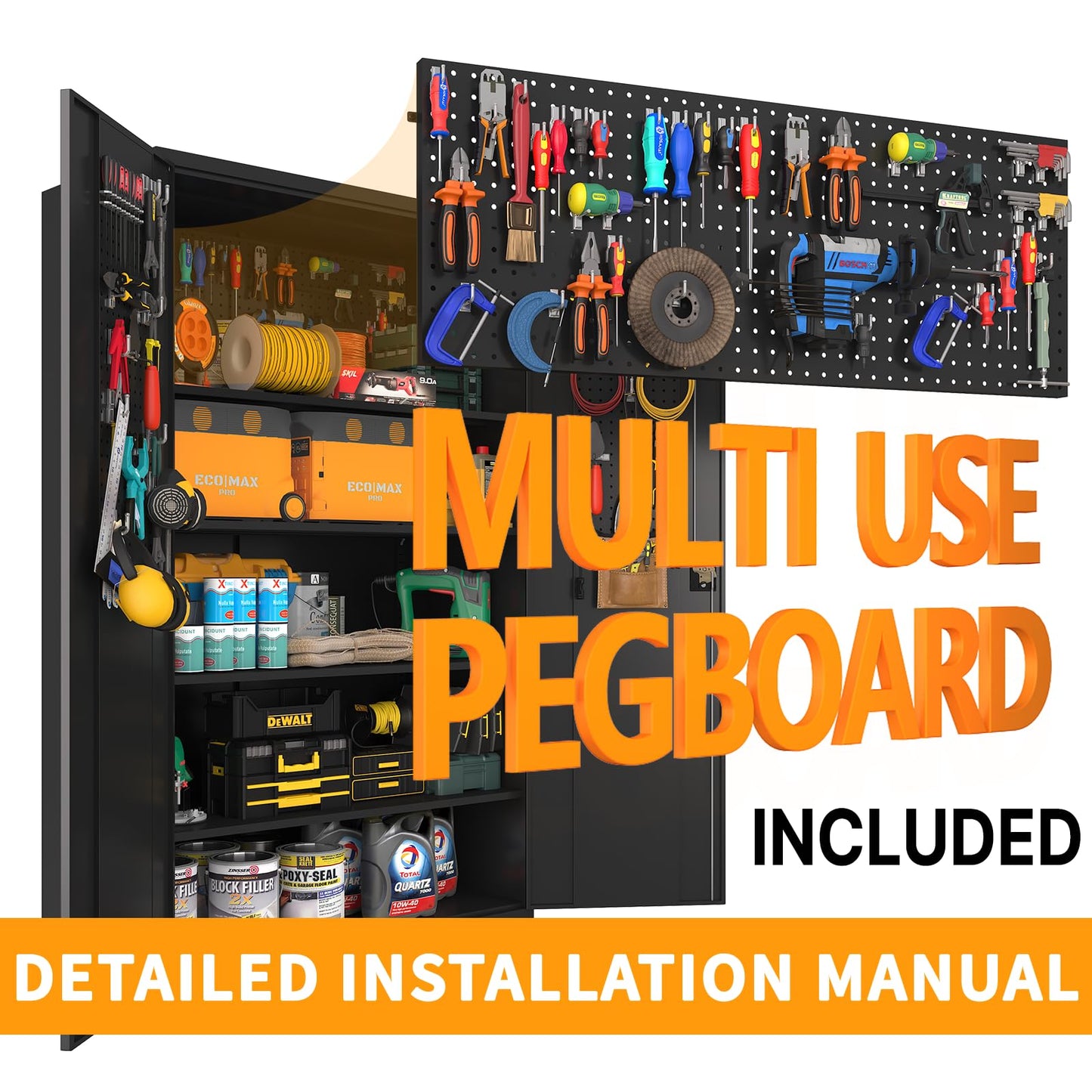 Upgraded Tall & Wide Metal Storage Cabinet with Doors & 4 Adjustable Shelves | Heavy-Duty Black Lockable Garage Cabinet with Wheels & Pegboard for Office, Gym, Basement, Warehouse (Black)