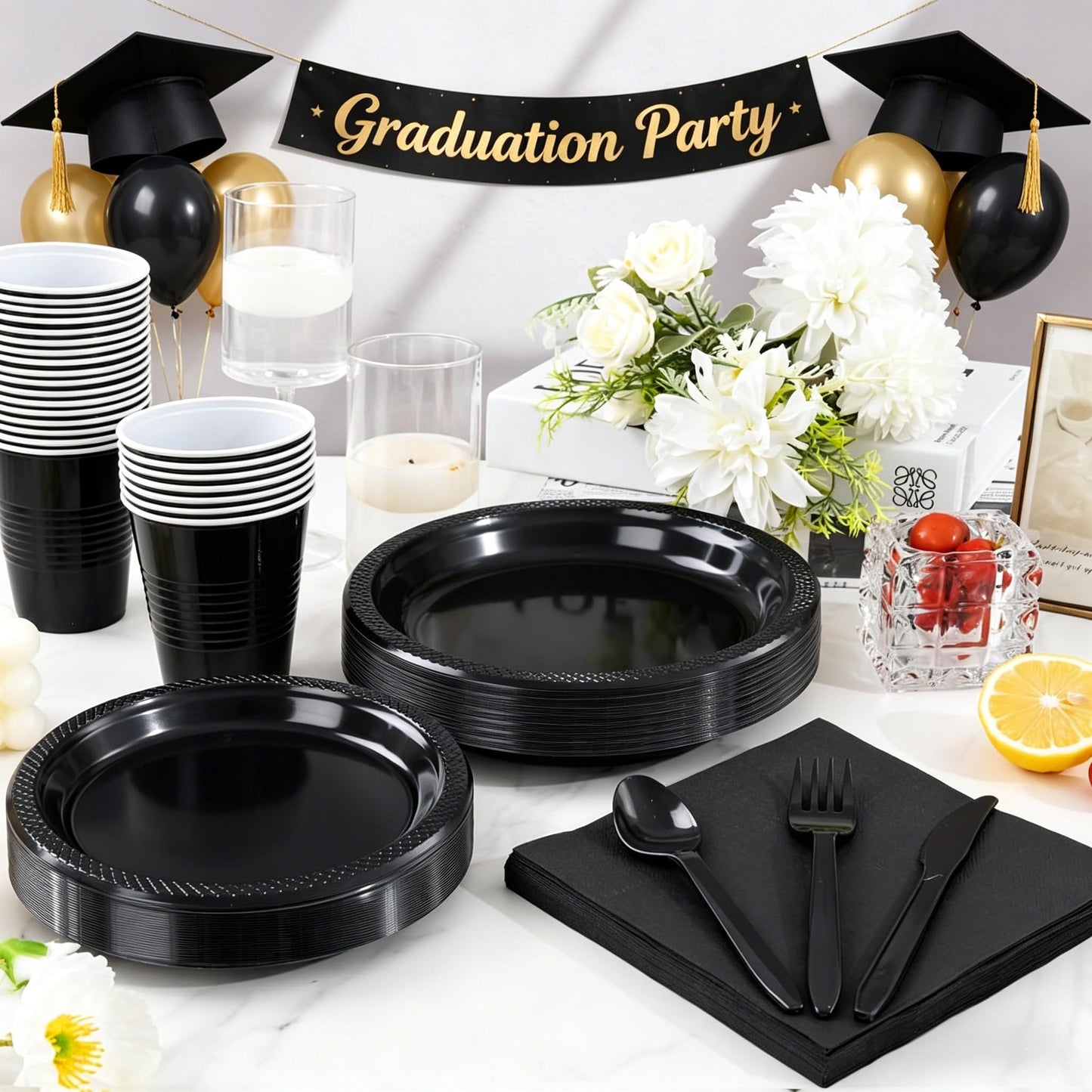 WELLIFE 210 PCS Black Plastic Plates for 30 Guests - Disposable Dinnerware Set Including Dinner Plates, Dessert Plates, 12oz Cups, Cutlery & Napkins, Black Disposable Plates for Party and Birthdays