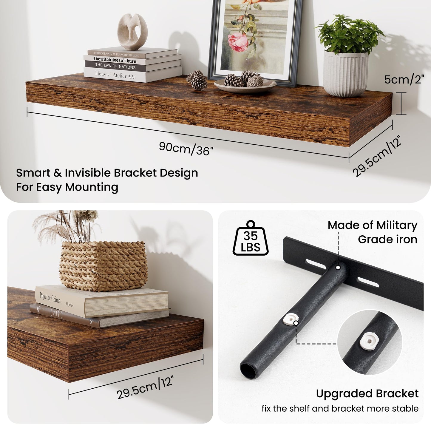 Fun Memories 12" Deep Floating Shelves for Wall, 36" W x 12" D Floating Shelves, Long Wood Floating Wall Shelf for Living Room Bathroom Bedroom Kitchen, Rustic Brown, Set of 2