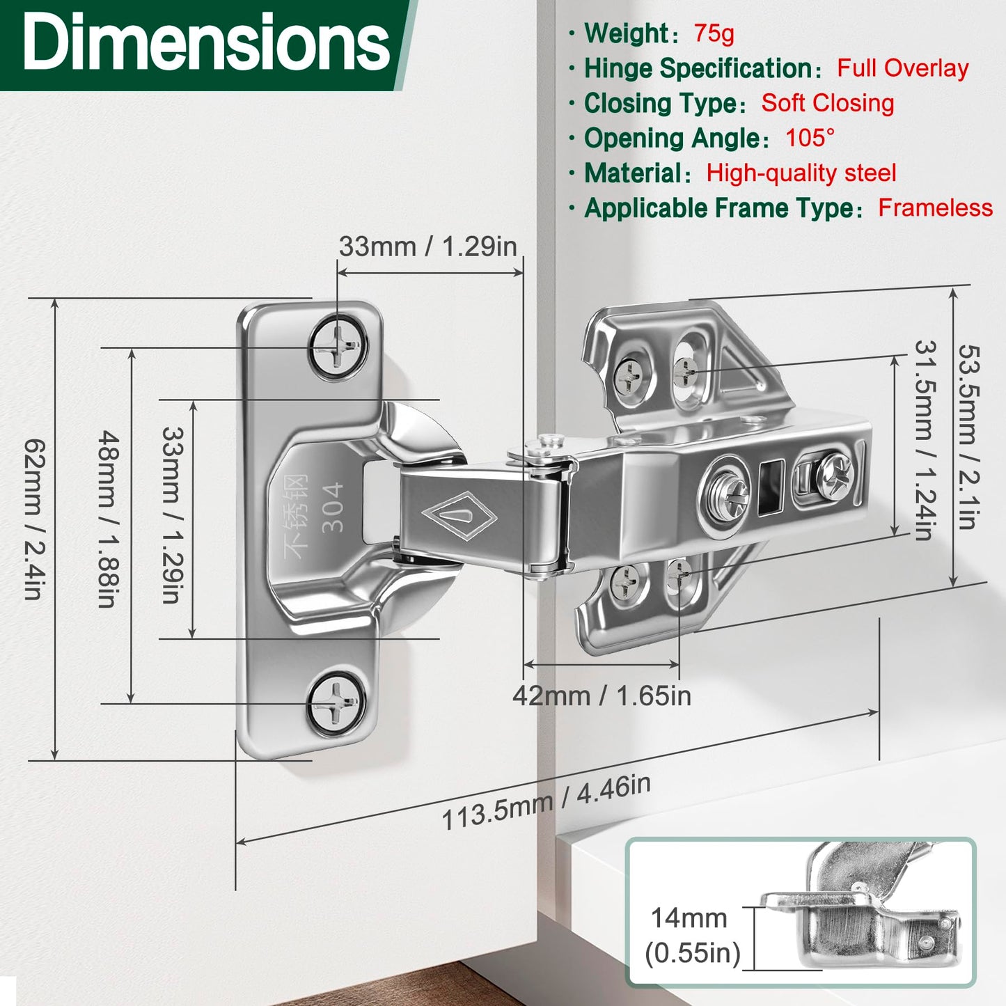 Tottist 5 Pair 10 Packs Full Overlay Kitchen Cabinet Door Hinges, 105° Frameless Concealed Soft Close Adjustable Cabinet Hinges for Older Cabinets, Easy Installation