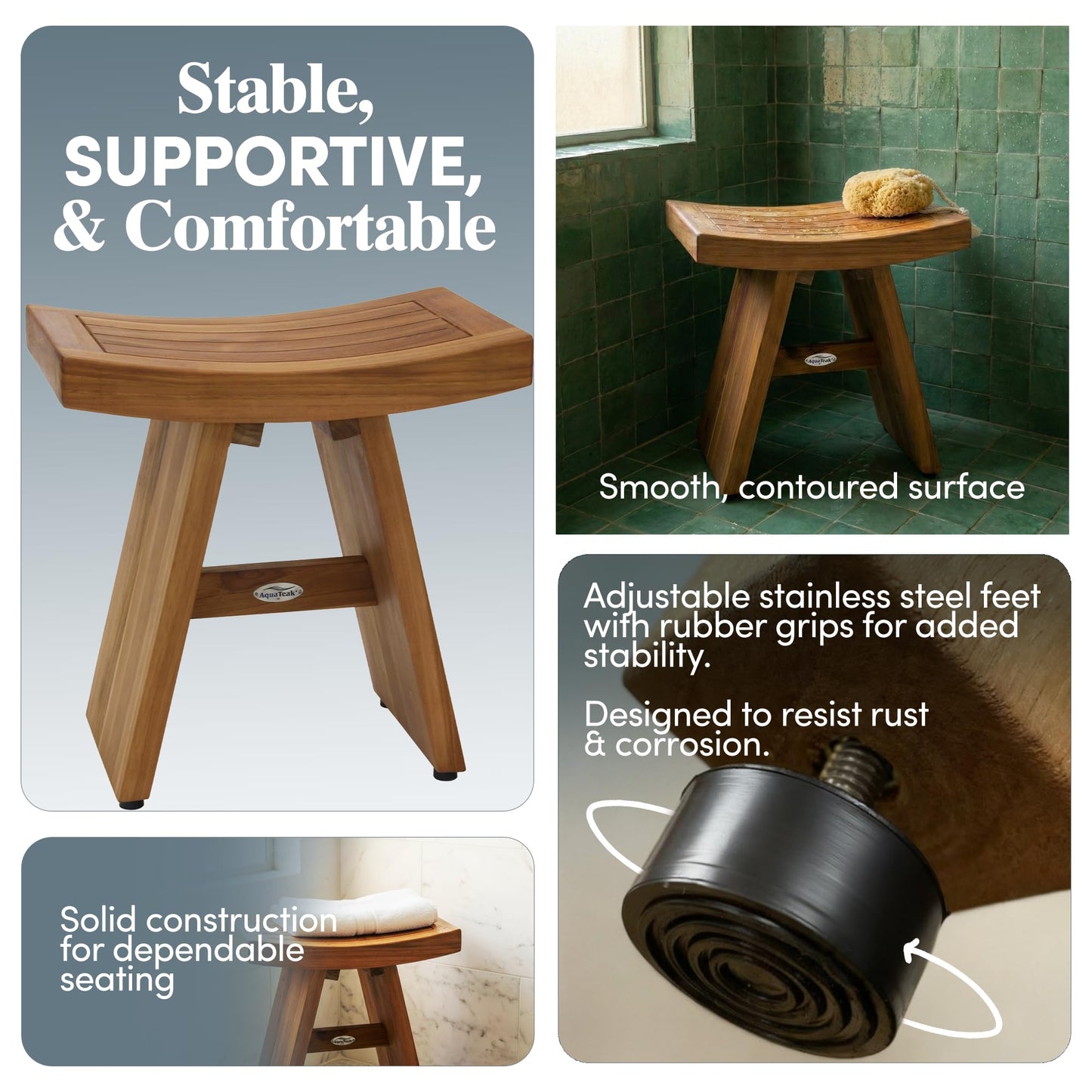 AquaTeak The Original 18" Asia Teak Shower Bench - Shower Stool for Bathroom - Durable Water Resistant Shower Chair - Shaving Foot Rest - Indoor & Outdoor Use