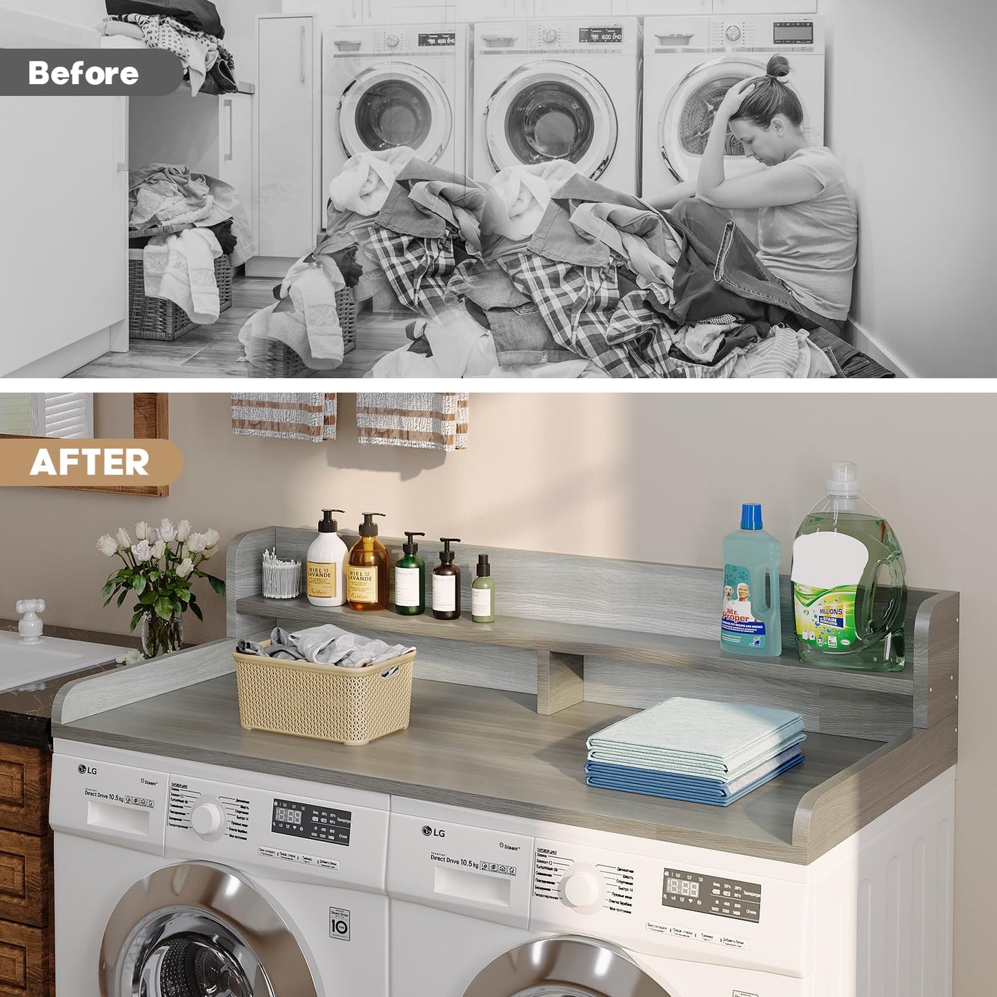Corbyles 2-Tier Washer Dryer Countertop with 2.75" H Edge Rails, 58" W x 28" D Laundry Countertop for Folding Clothes, Washer and Dryer Topper with Non-Slip Pad (Stripe Gray)