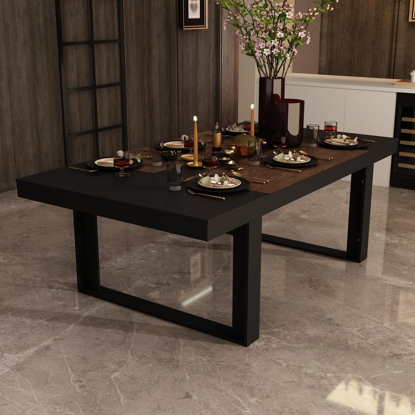WOODTIME 86.6" W Dining Table for 8-10 People, Versatile Modern Wooden Dinner Table Kitchen Table for Dining Room Conference Room, Black & Brown