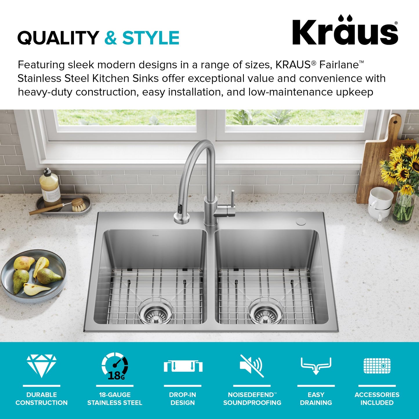 KRAUS Fairlane 33-inch Drop In/Top Mount Double Bowl 18-Gauge Stainless Steel Kitchen Sink, KHT632-33