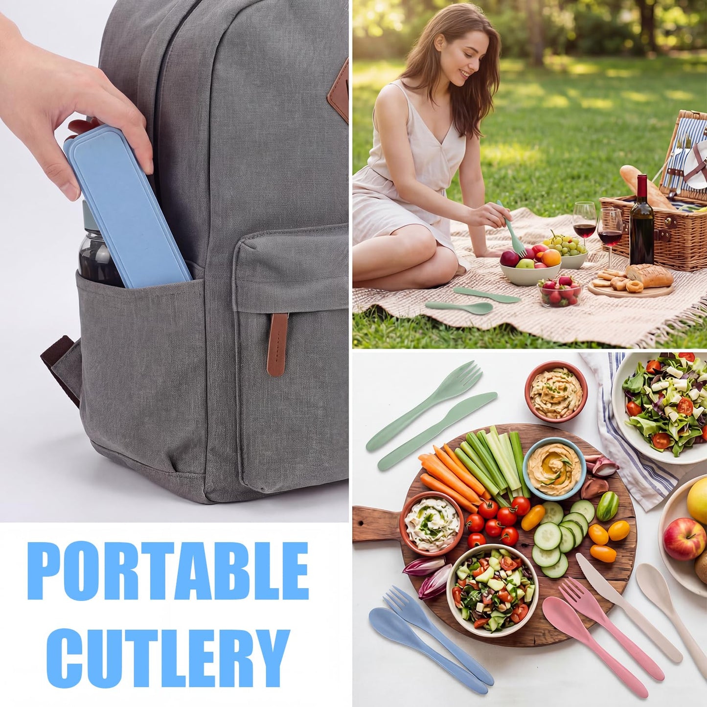 Reusable Utensils Set with Case, 28 Sets Wheat Straw Lunch Utensil Set, Portable Spoon Fork Knife Cutlery for Travel Camping Picnic Office Bento Box, Eco-Friendly BPA Free Tableware