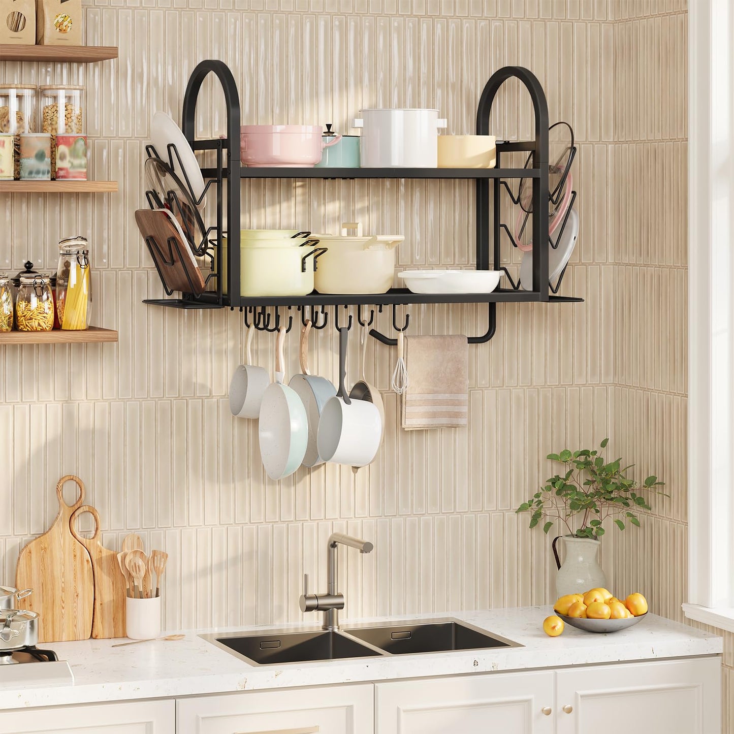 HOOBRO 30 Inch Pot Rack Wall Mounted, 2 Tier Pots and Pans Organizer with 6 Lid Holders and 10 Hooks, Wall-Mounted Pan Hanger with Towel Bar, for Kitchen Cookware Utensils Storage, Black BB100TL01