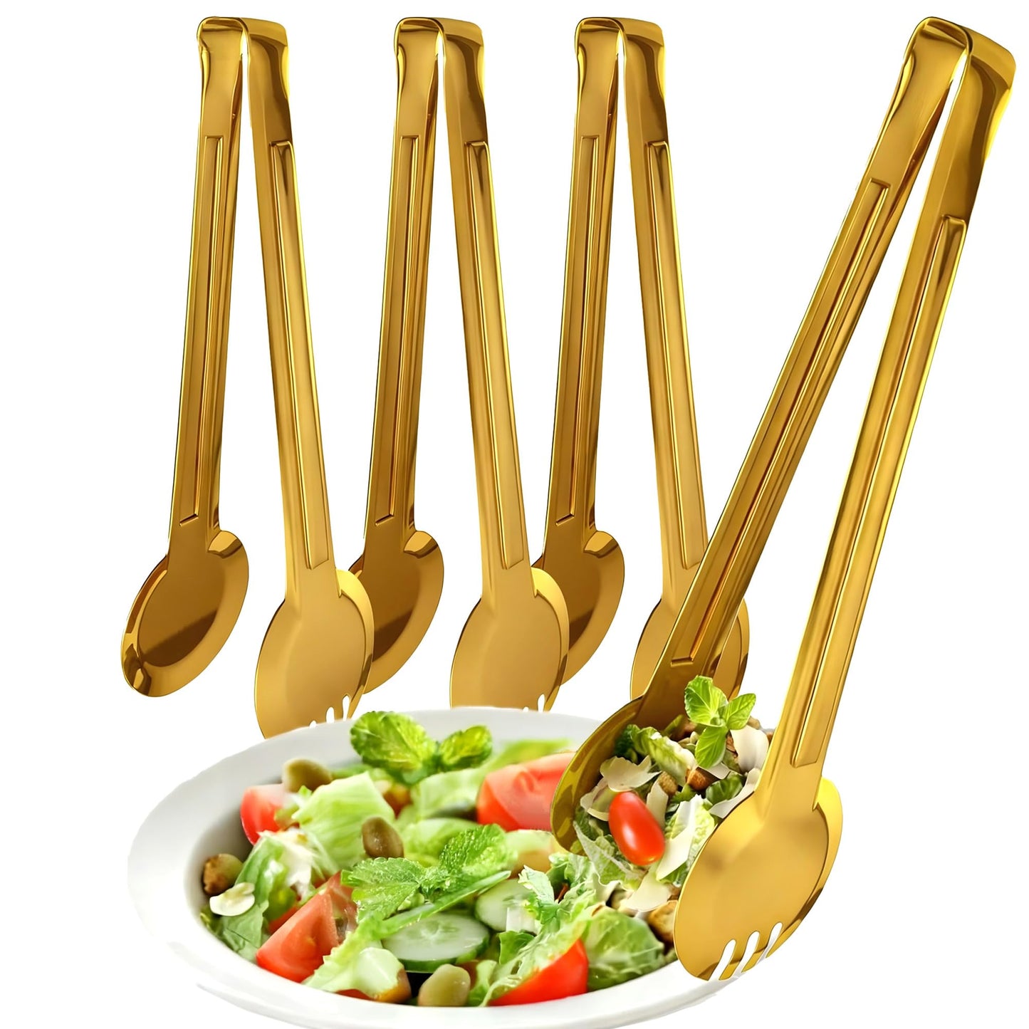 4 Pack Gold Serving Tongs Set with Serving Spoon, Stainless Steel Buffet Tongs Serving Utensils, Salad Tongs with Spoon & Fork Ends, 9 Inch Food Serving Tongs for Buffet, Catering, Party and Kitchen