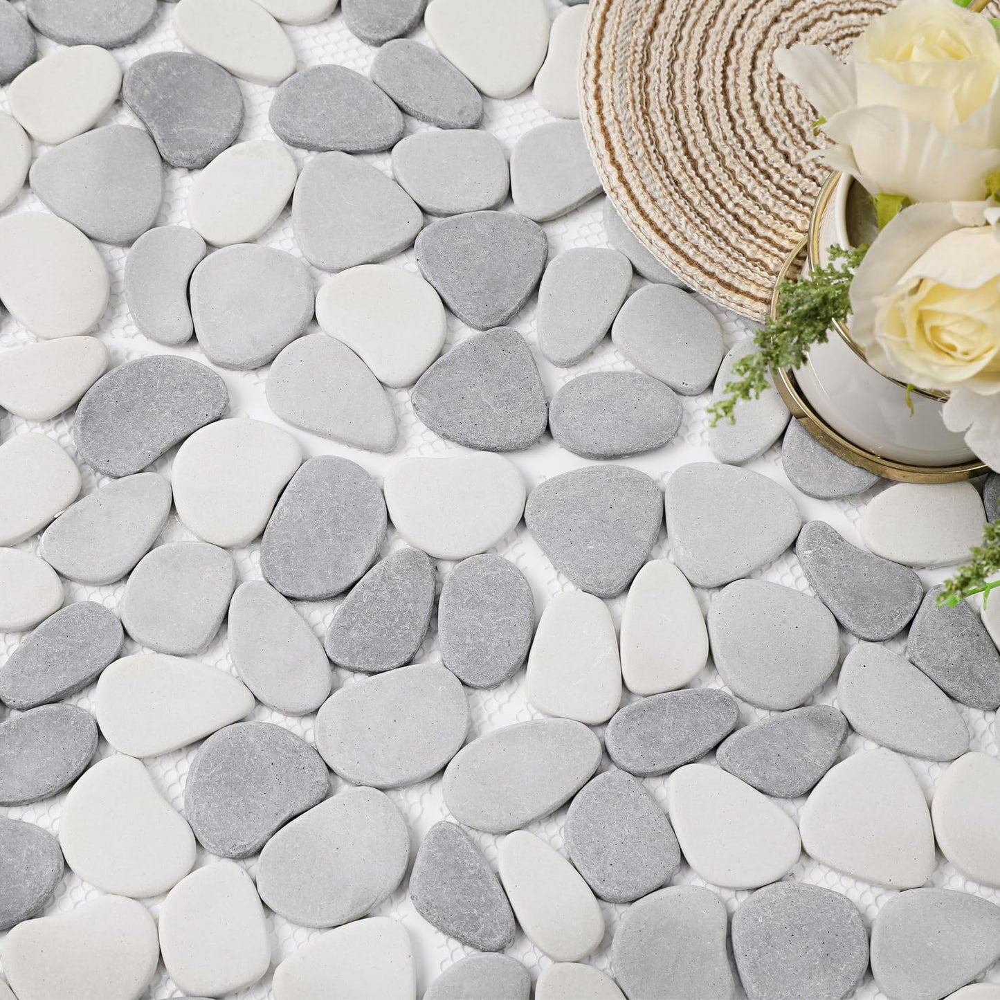 Diflart Pebble Tile for Shower Floor, Gray and White Oval, 5 Sheets, Pebble Backsplash for Kitchen Bathroom Wall and Floor Tile
