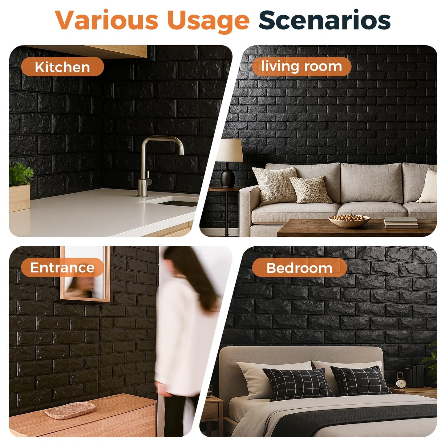 Circloophs 3D Wall Panels Stick and Peel, Black Brick Printable 3D Wallpaper Stick and Peel Self Adhesive Waterproof Foam Faux Brick Paneling for Bedroom, Bathroom, Kitchen, Fireplace (11, Black)
