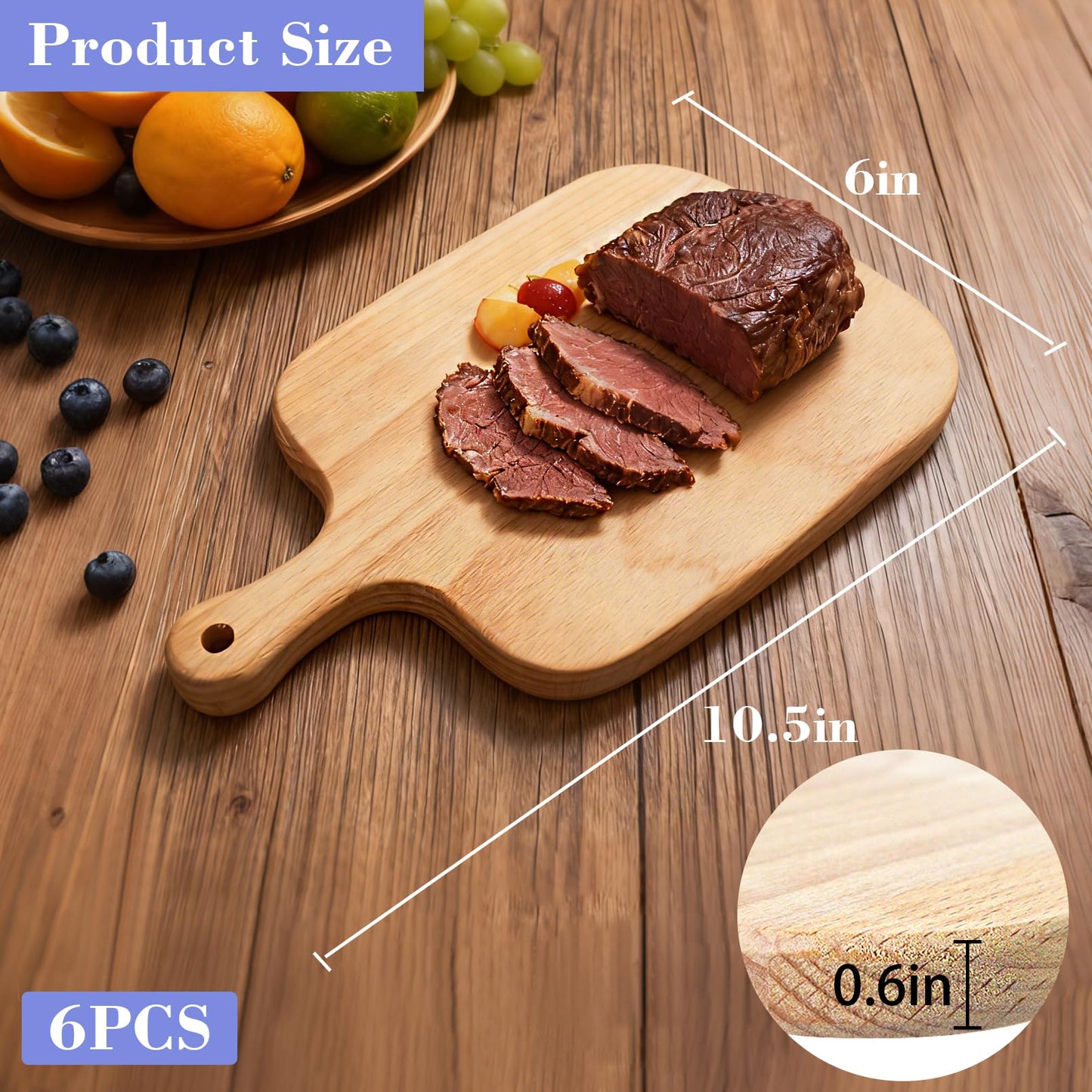 bllbiwin 6 Pcs Wood Cutting Board with Handle,Thicken Wood Charcuterie Kitchen Chopping Boards,Serving Board for Meat,Cheese,Bread,Vegetable,Fruit,Wedding(10.5 x 6 Inch)