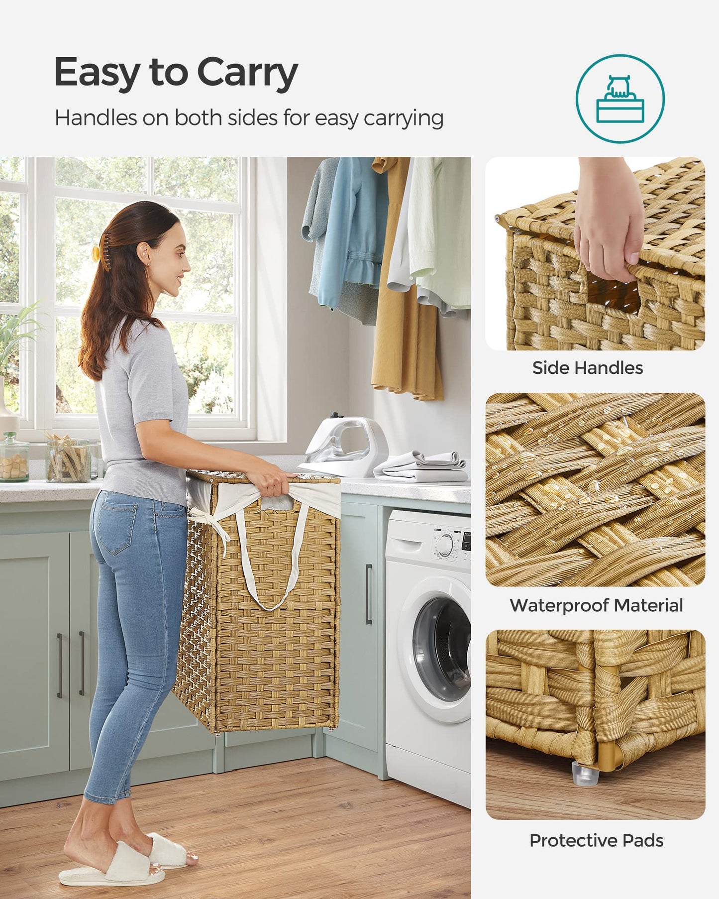 SONGMICS Laundry Hamper with Lid, 130L Clothes Hamper with 2 Removable Liner Bags, 6 Mesh Bags, Wicker Laundry Basket, Double Laundry Hamper for Bathroom, 13 x 26 x 23.6 Inches, Natural ULCB253N01