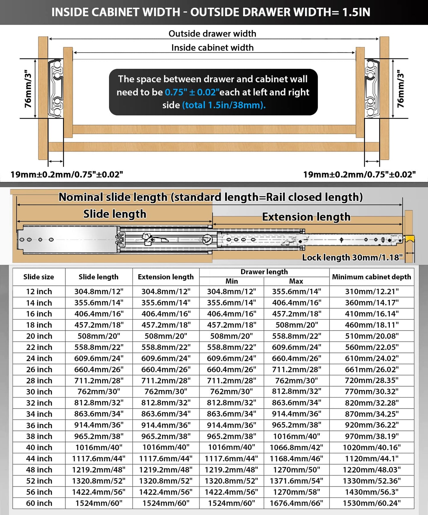 VAGUDE with Lock Heavy Duty Drawer Slides 12 14 16 18 20 22 24 26 28 30 32 34 36 40 44 48 52 56 60 Inch 500 Lbs Side Mount Full Extension Ball Bearing Rails Rail Tool Box Runner-W:76mm, 12 Inch