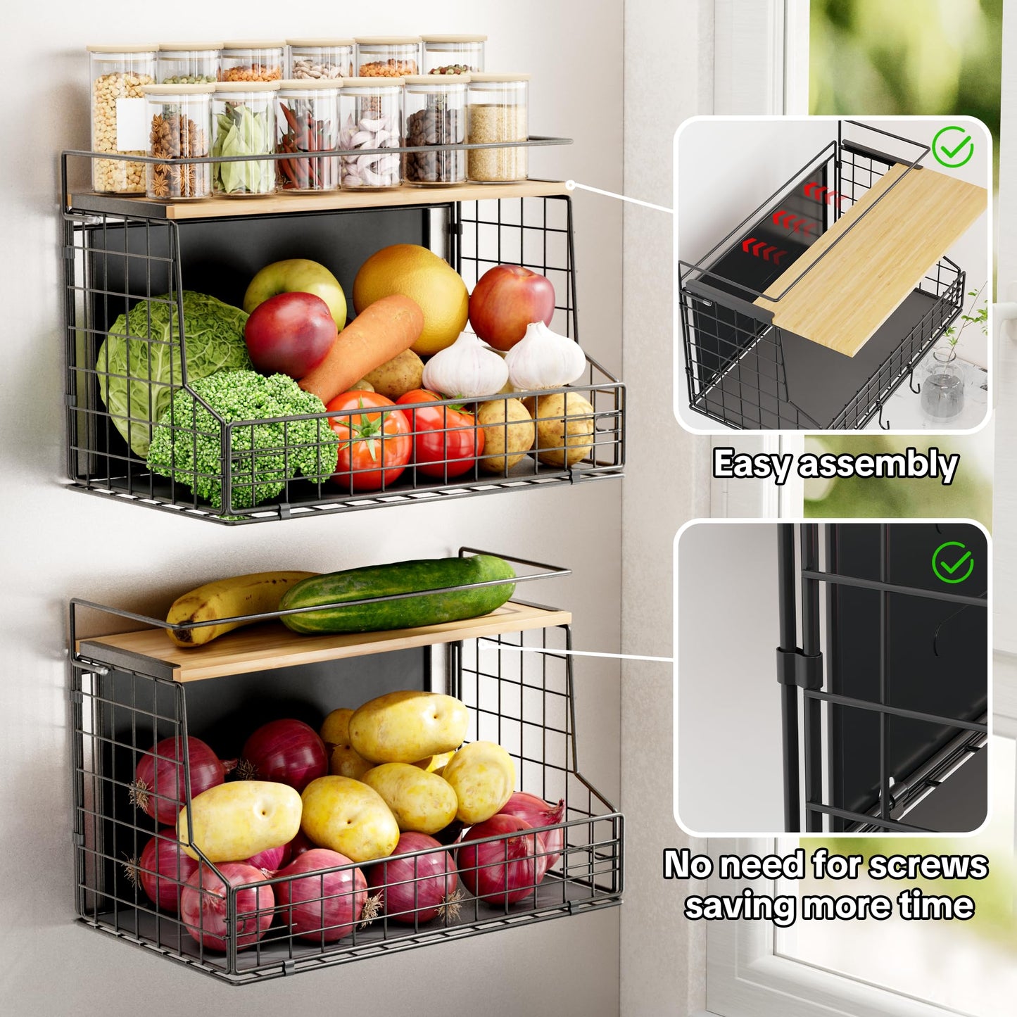 TIDIIABODE Magnetic Shelf for Fridge, Large Container Magnetic Spice Rack for Refrigerator, Fruit Potato and Onion Storage Bins, Magnetic Basket with Wood Lid, Kitchen Counter, Cabinet