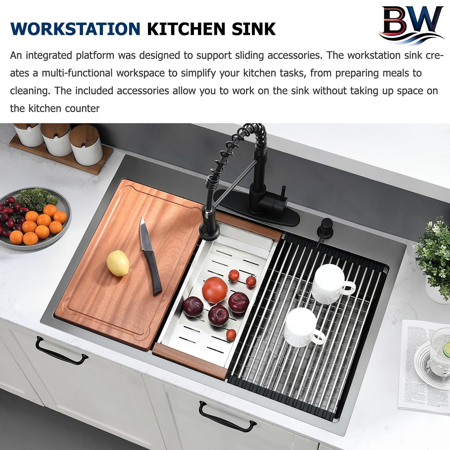BWXIAOC 33 x 22 Drop In Kitchen Sink Black Workstation - 16 Gauge Stainless Steel Sinks Handmade 10 Inch Deep Single Bowl Kitchen Sink Top Mount Easy to Clean