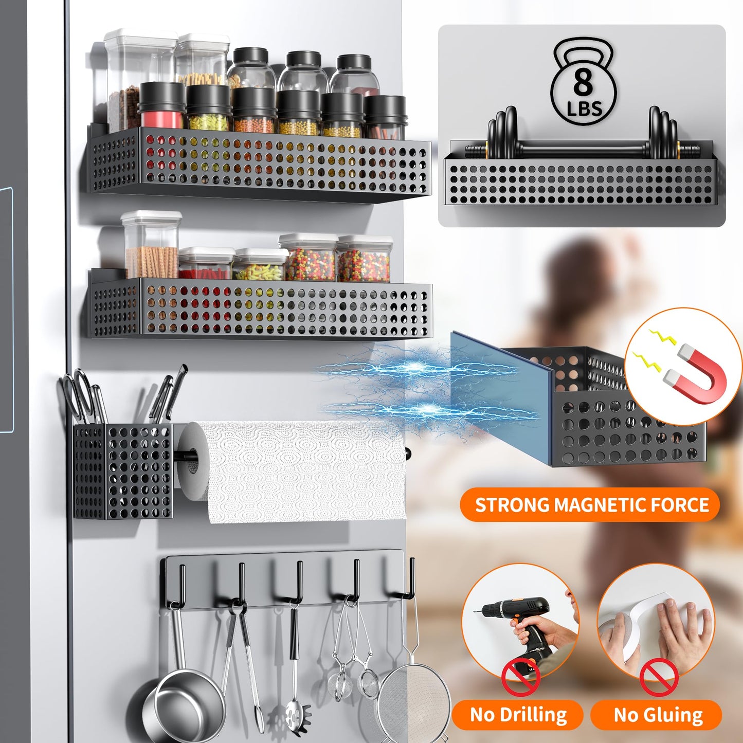 Toosci Magnetic Spice Rack for Refrigerator 2 Tiers and Paper Towel Holder and Utensil Holder, Magnetic Refrigerator Organizer, Strong Magnetic Fridge Shelf, Side Fridge Storage Rack for Kitchen