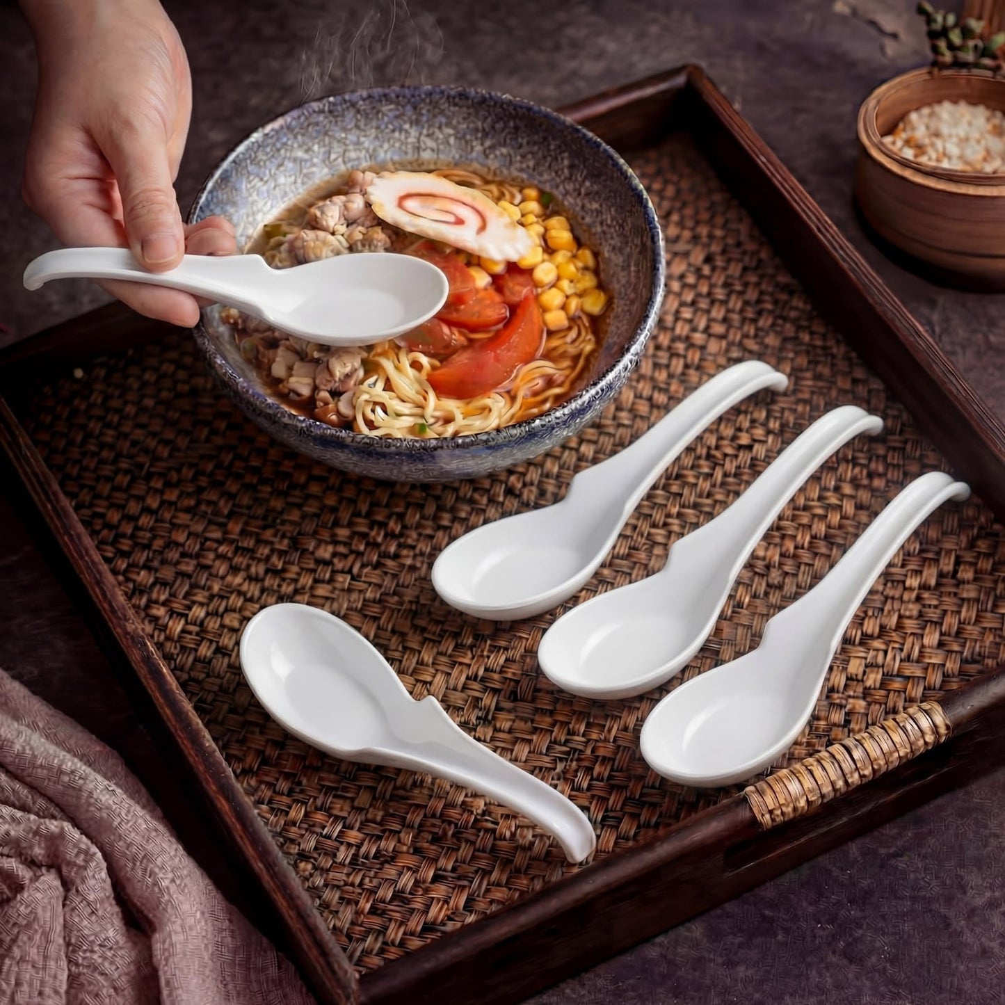 Hushee 12 Pack White Asian Soup Spoons Chinese Won Ton Soup Spoon for Soba, Pho Noodles, Ramen, Asian Noodles, Dishwasher Safe Certified Melamine 6.25 Inch