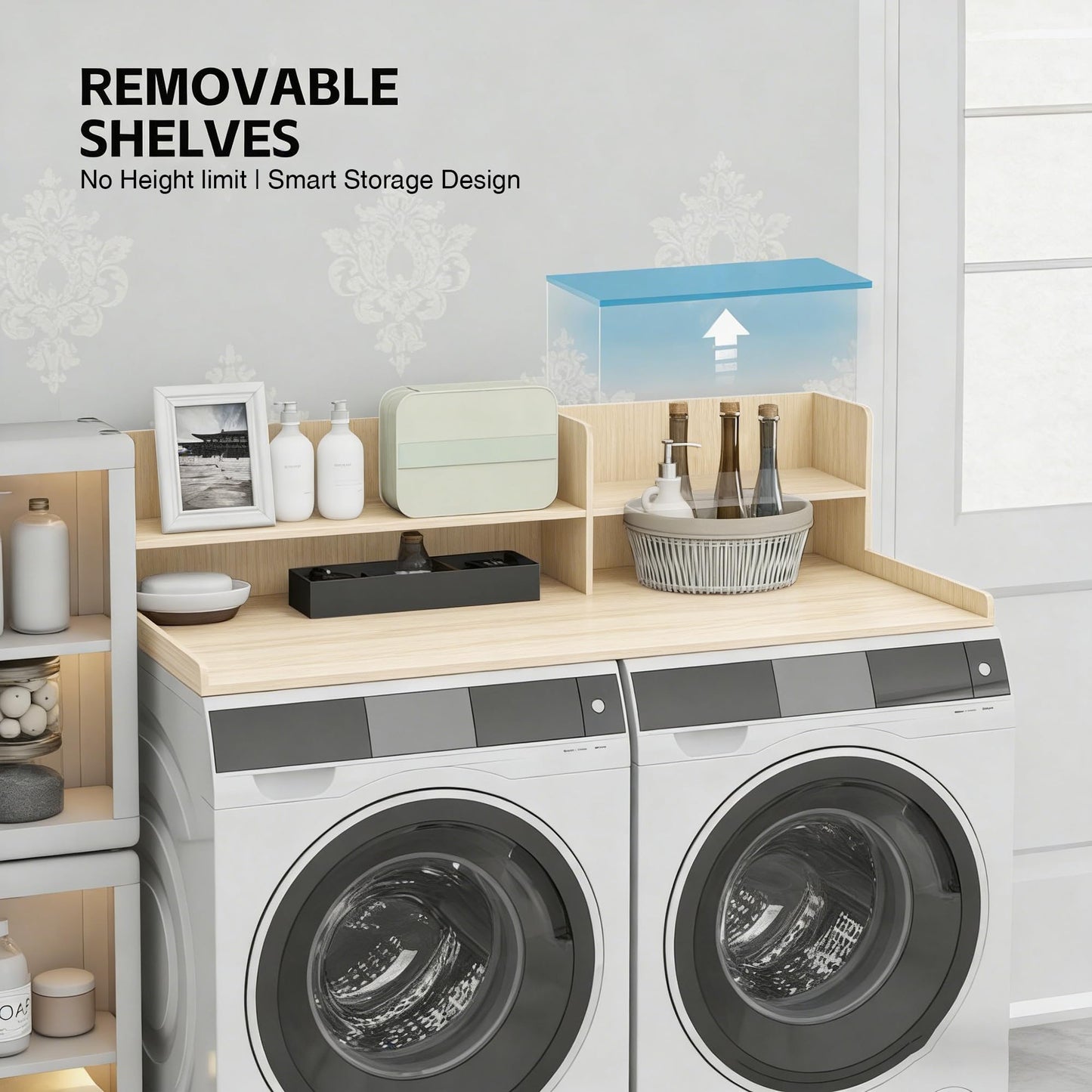 Desility Washer and Dryer Countertop, 54.7" W X 28.3" D Wooden Laundry Countertop with Adjustable Shelves, 2 Tier Washer and Dryer Topper for Laundry Room Organization, Natural