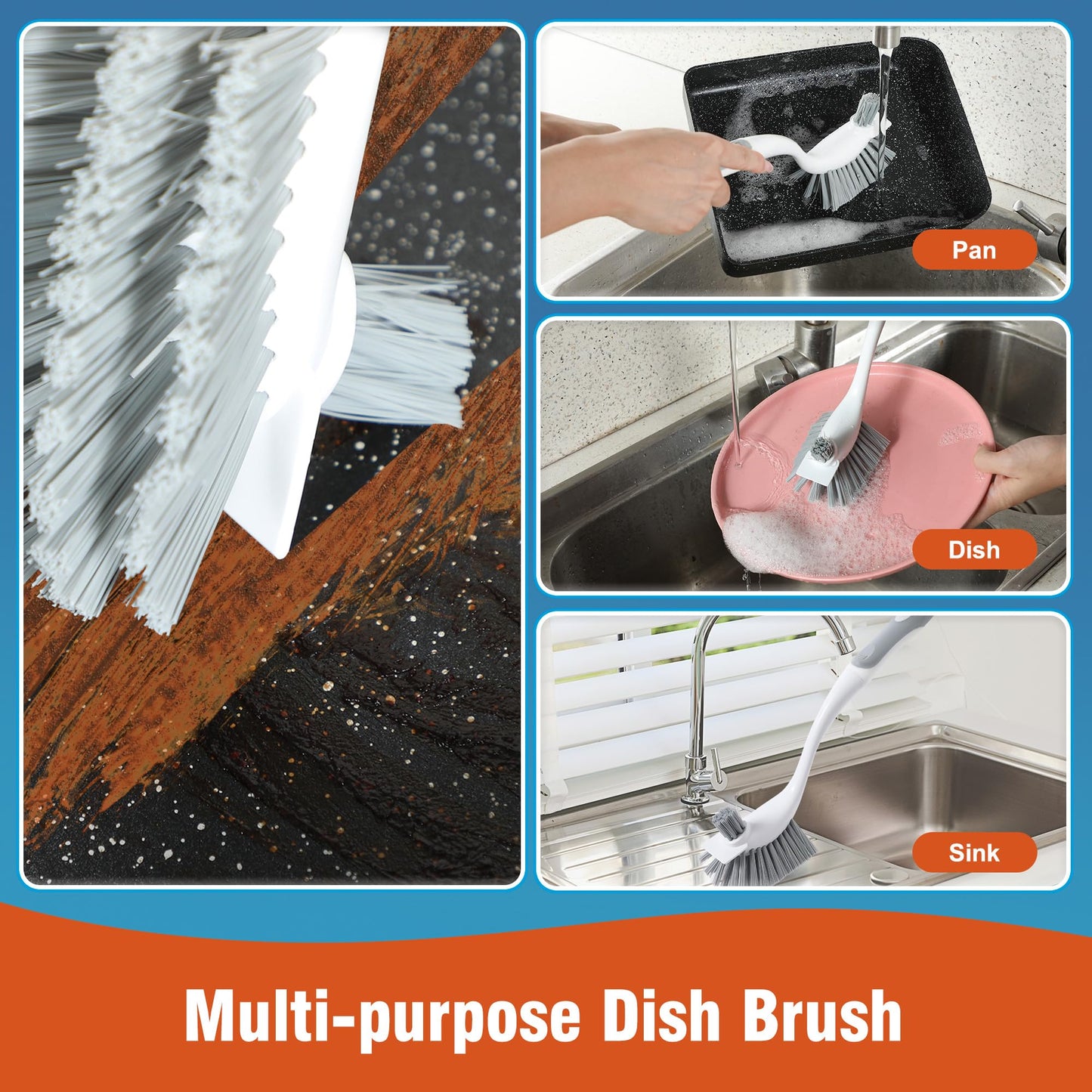 4-Pack Heavy-Duty Dish Scrub Brushes with Stiff Non-Scratch Bristles & Long Handle - Multi-Purpose Kitchen Cleaning Brushes for Pots, Pans, Bottles, Deep Cleaning