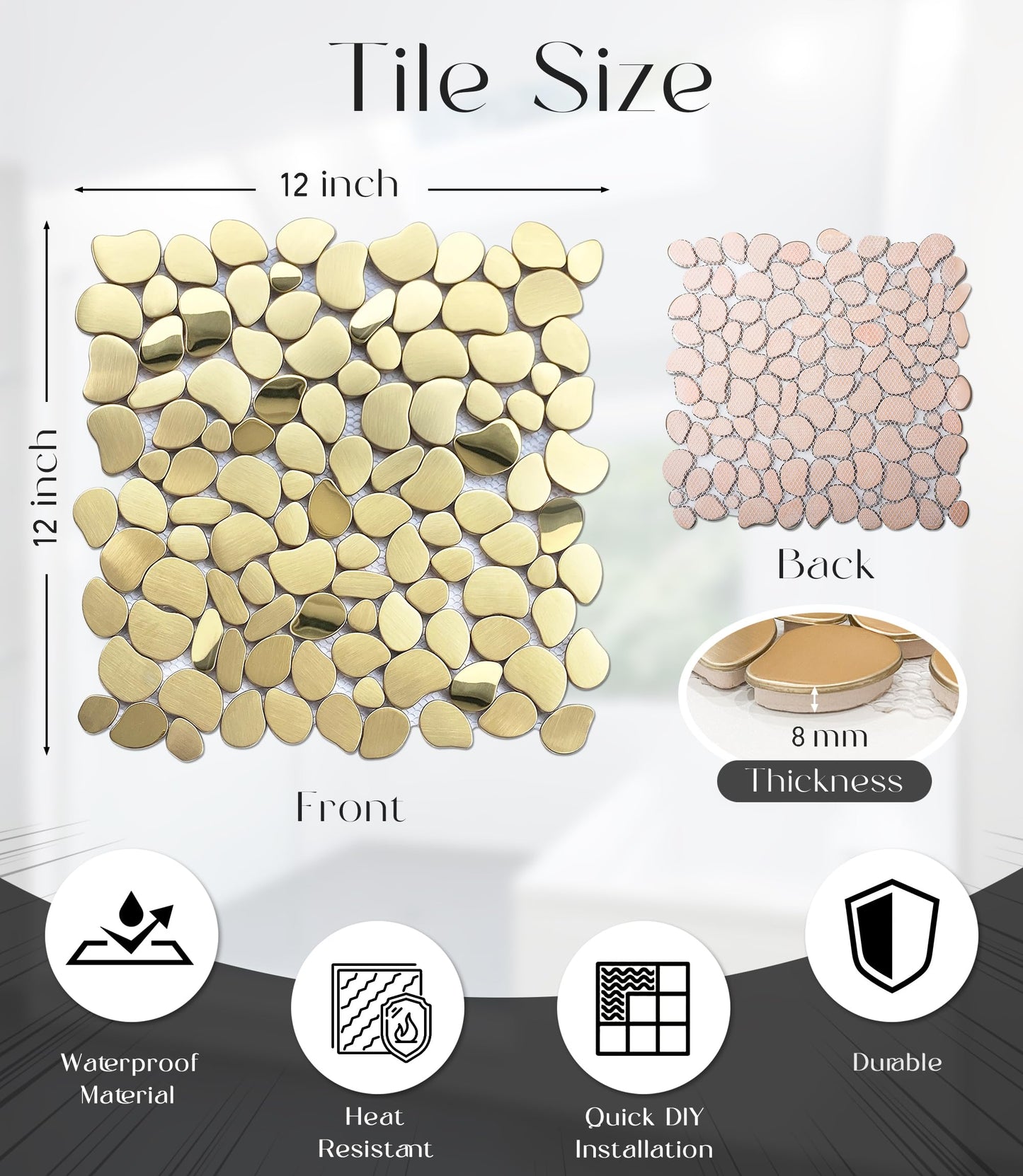 Primoon Golden Metal Pebble Mosaic Tiles, 5 Sheets Stainless Steel Backsplash Mesh Mounted, 12×12 Inches Waterproof Metal Tile, Gold Wall Tiles for Kitchen Bathroom Backsplash Shower Stove Backsplash