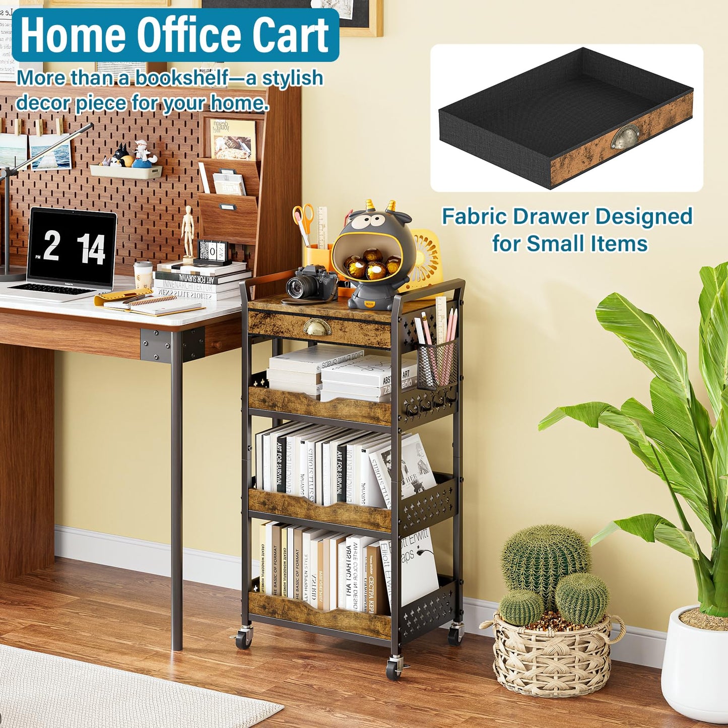 DYUTFZU 4-Tier Rolling Cart Organizer, Industrial Aesthetics Wood & Metal Utility Storage Cart with Pegboard, Drawer, Hanging Basket & Hooks for Kitchen, Craft Room, Bedroom, Bathroom, Coffee Station